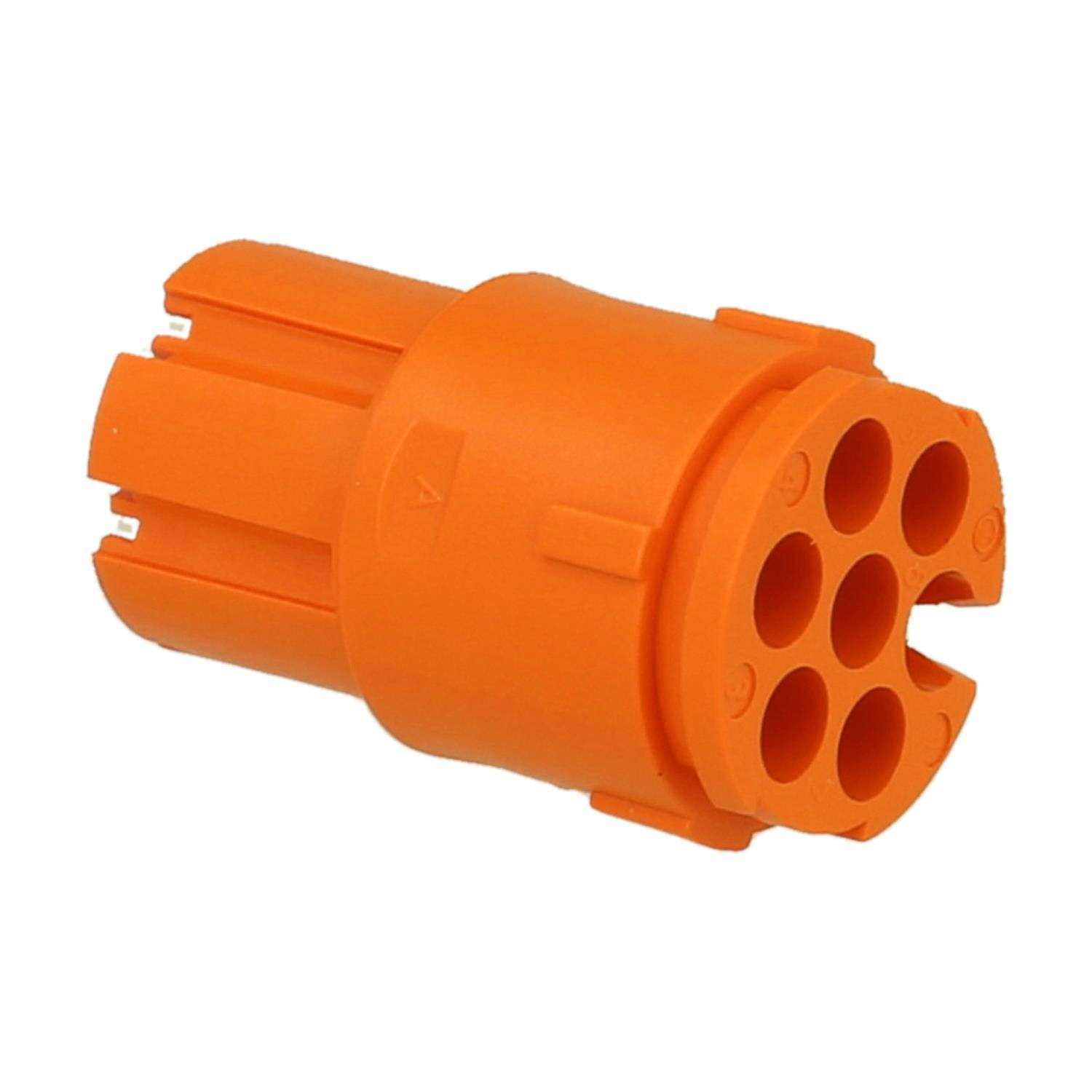 Orange zylindrischer Stecker mit mehreren kreisförmigen Schlitzen