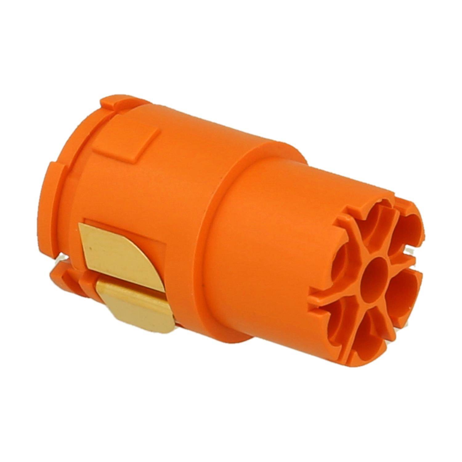 Ein orangefarbener zylindrischer elektronischer Stecker mit mehreren Pins und seitlichen Verriegelungen für eine sichere Befestigung; verwendet in Automotive-Verdrahtungssystemen.