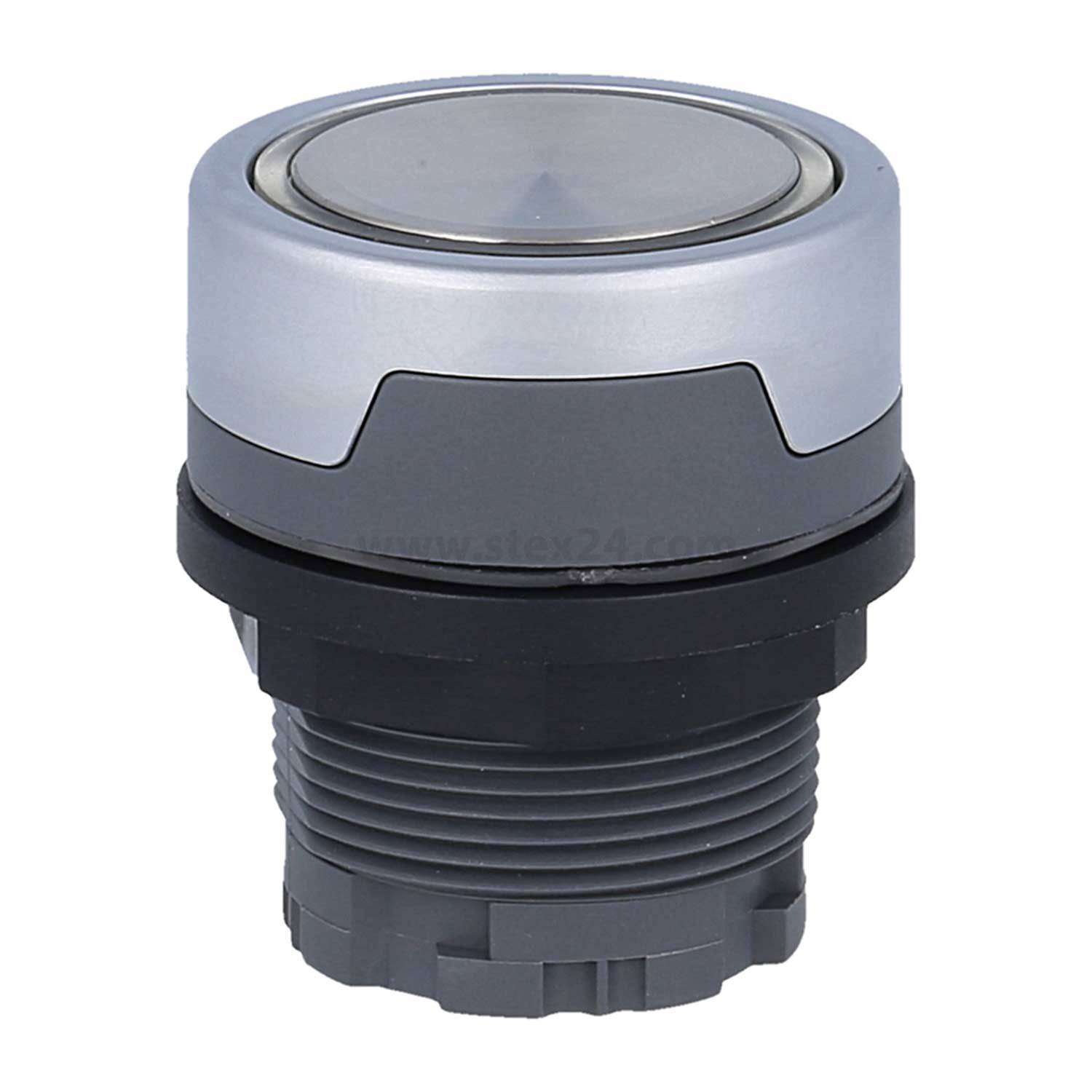 Ein Nahaufnahme eines metallischen Drucktastenschalters mit einer geränderten Basis, der für die Befestigung an Schalttafeln konzipiert ist und in elektronischen Geräten verwendet wird.