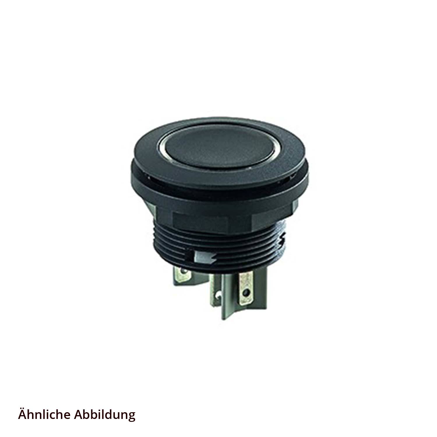Ein runder, schwarzer Drucktaster mit mehreren Anschlüssen an der Basis, der häufig zur Steuerung elektronischer Geräte verwendet wird. Text lautet: „Ähnliche Abbildung.