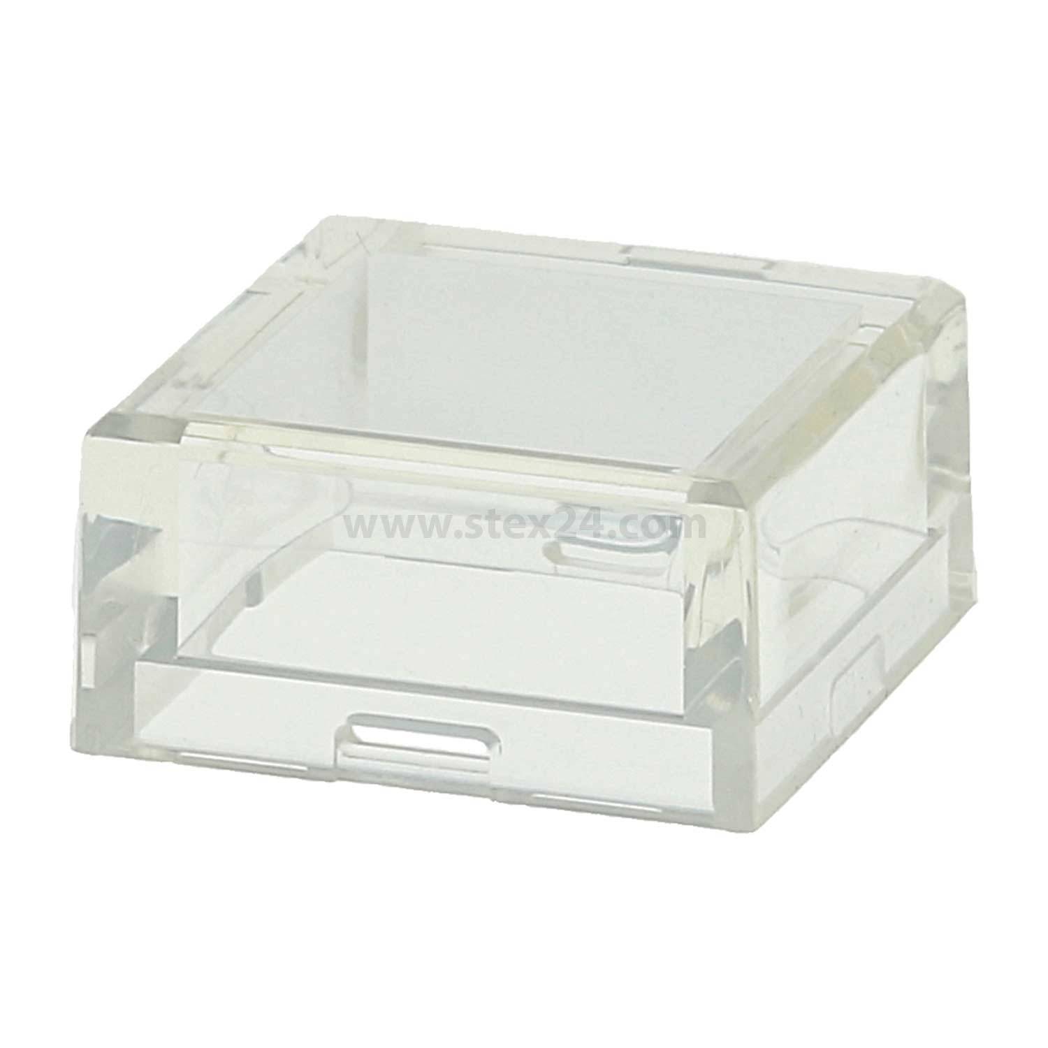 Durchsichtige Plastikschutzabdeckung für ein kleineres Gerät oder eine Vorrichtung, möglicherweise für einen Tastschalter, mit offener Oberseite und transparenten Seitenwänden.