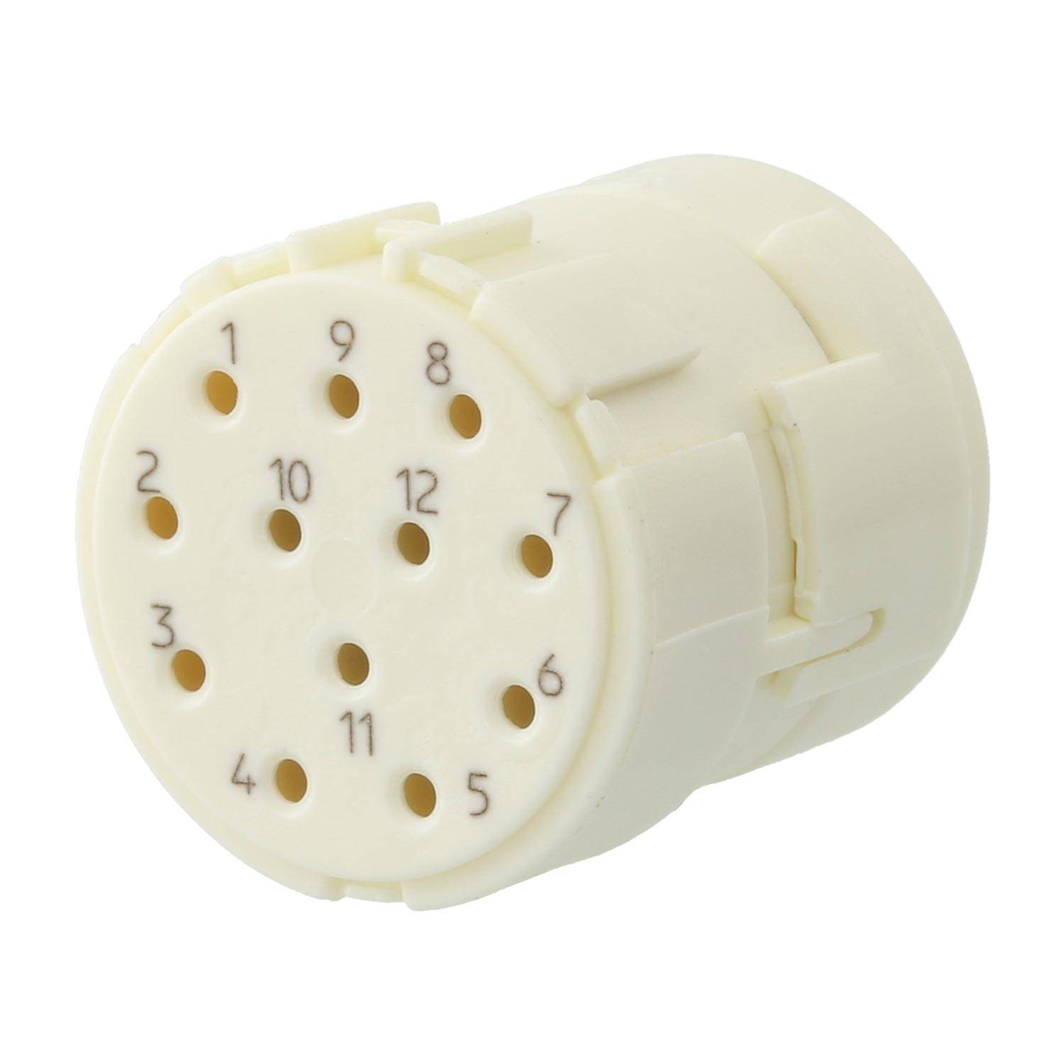 Weißes zylindrisches Objekt mit 12 nummerierten Löchern, die kreisförmig angeordnet sind und an einen Anschluss oder eine elektronische Komponente erinnern.