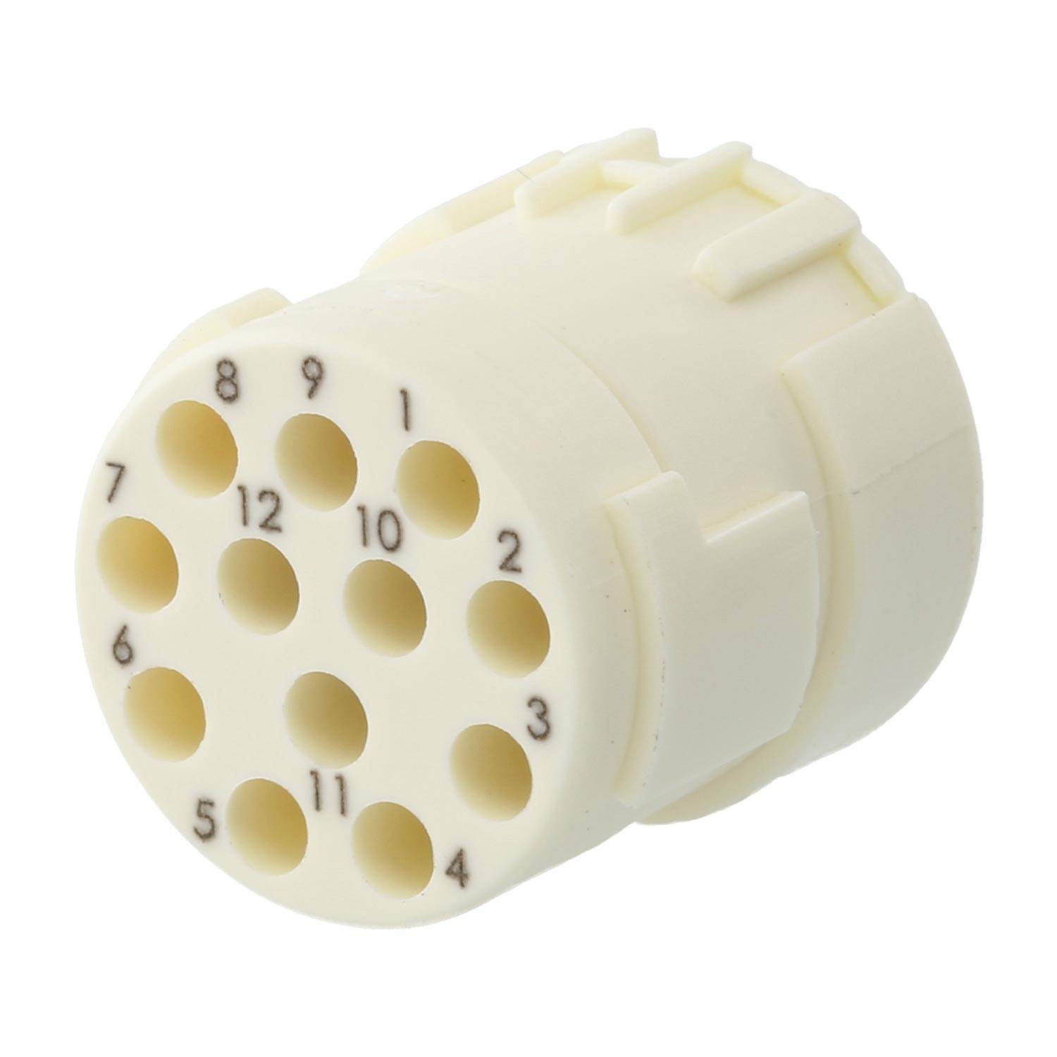 Ein weißer zylindrischer elektrischer Stecker mit 12 nummerierten Löchern, die in einem kreisförmigen Muster angeordnet sind.