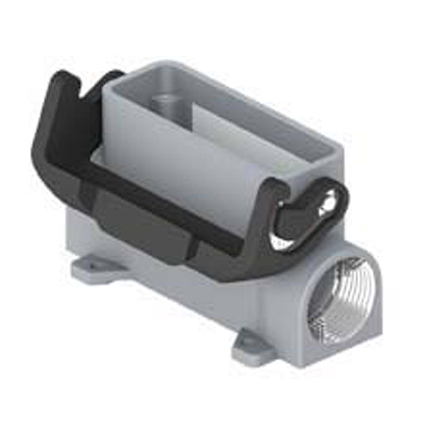 Ein 3D-Modell einer grauen Metallhalterung mit zwei Befestigungslöchern und einer rechteckigen Öffnung, die zum Sichern von zylindrischen Objekten verwendet wird.