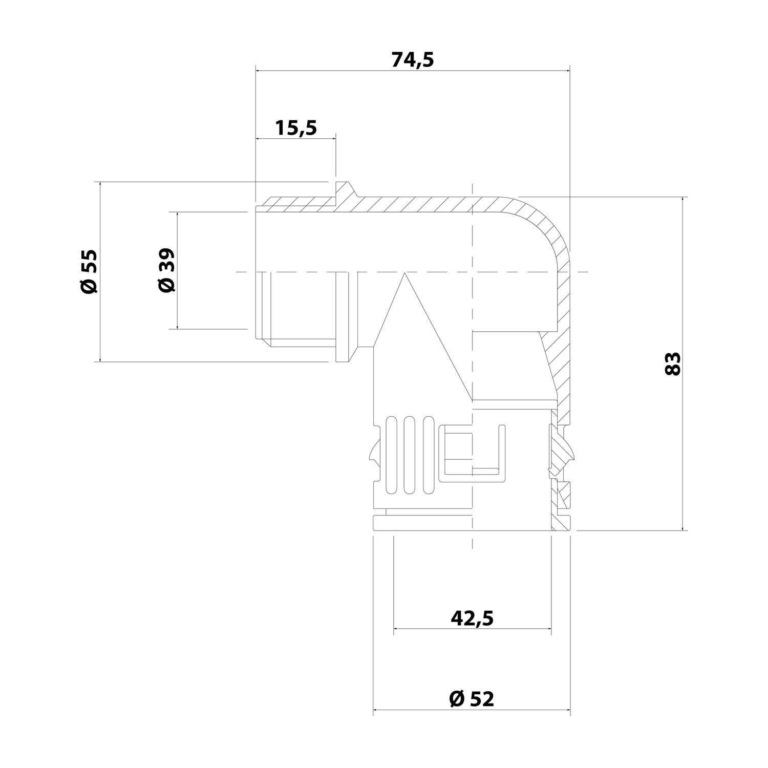 Technische Zeichnung eines Rohrbogen-Fitting mit Maßen: 74,5 mm Länge, 55 mm Rohrdurchmesser, 83 mm Gesamthöhe, 42,5 mm anderes Ende.