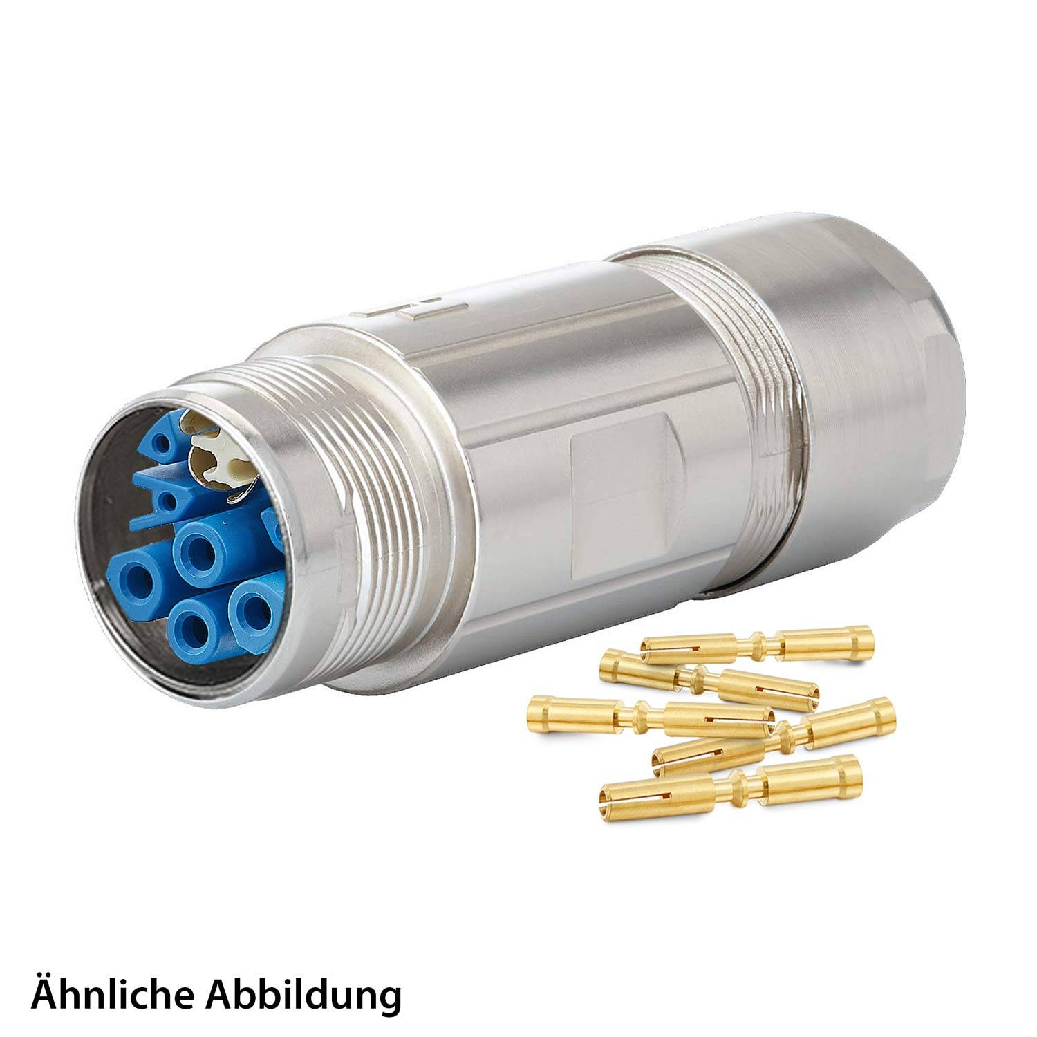 Ein Steckverbinder mit mehreren blauen Anschlüssen neben mehreren goldenen Pins, der für elektrische oder Datenverbindungen verwendet wird.