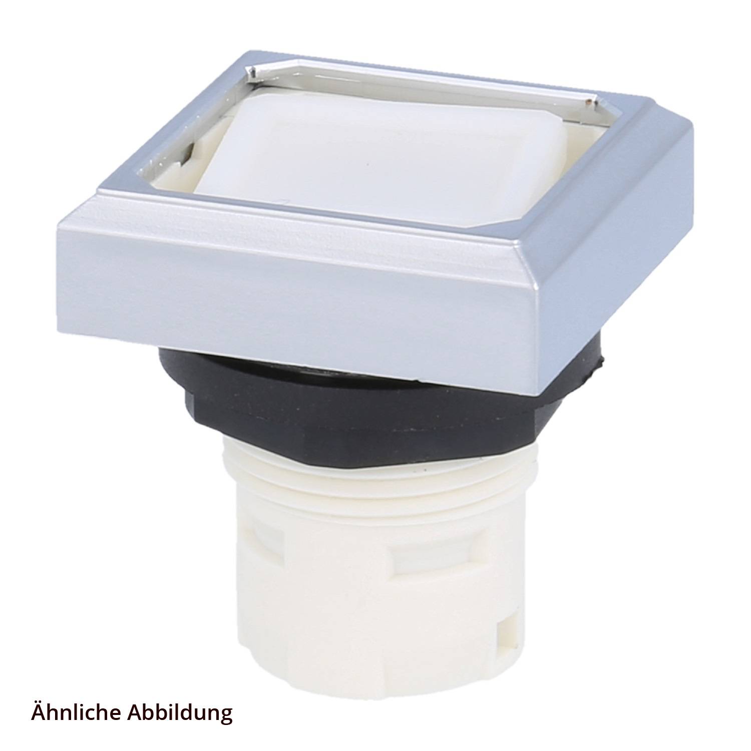 Ein quadratischer Druckknopf mit metallenem Rahmen und weißem Zentrum, montiert auf einer weißen zylindrischen Basis. Text lautet: 'Ähnliche Abbildung.