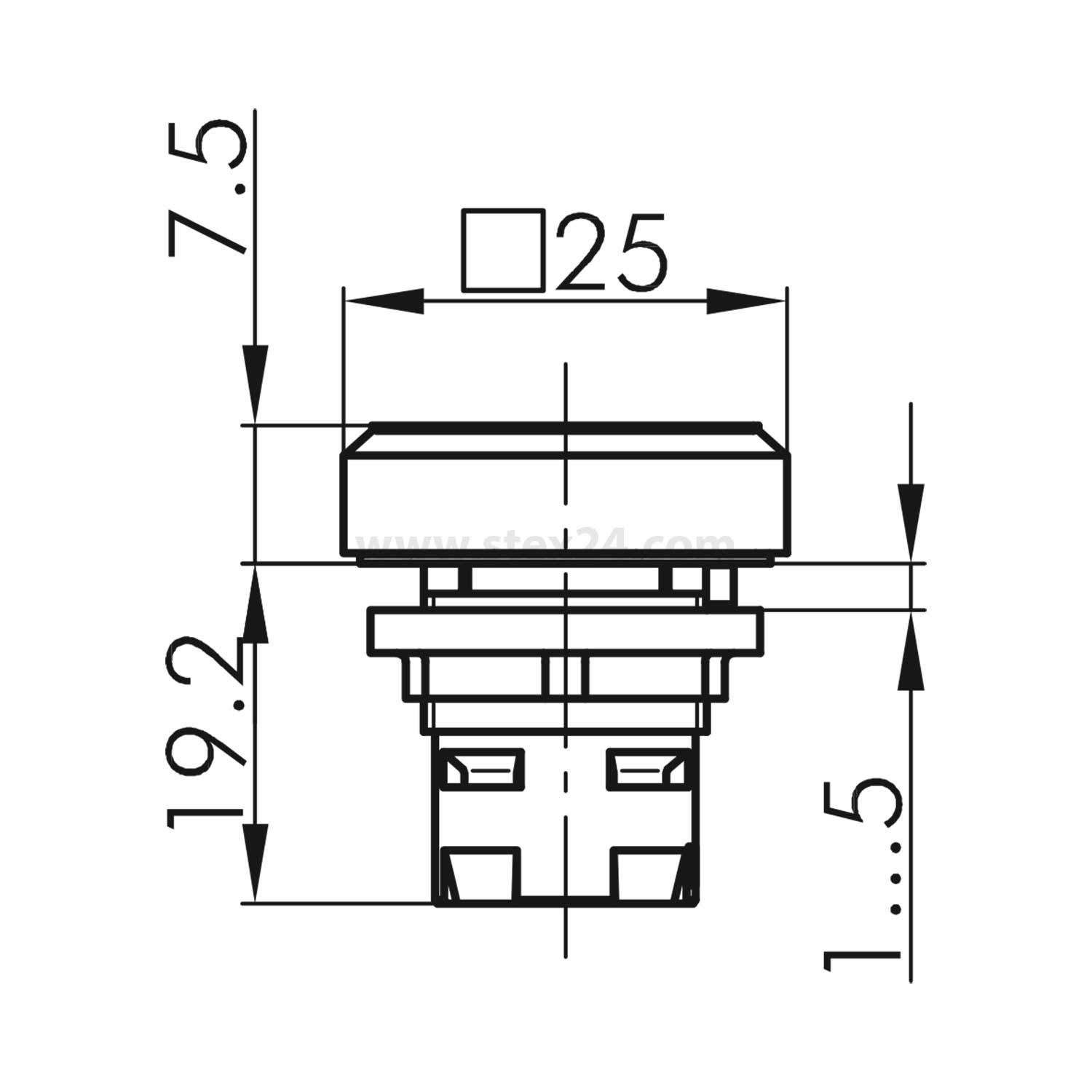 Technische Zeichnung einer rechteckigen Taste mit Maßen: 25 mm Breite, 7,5 mm Höhe, 19,2 mm Tiefe. Basis weist eine Höhe von 1,5 mm auf.