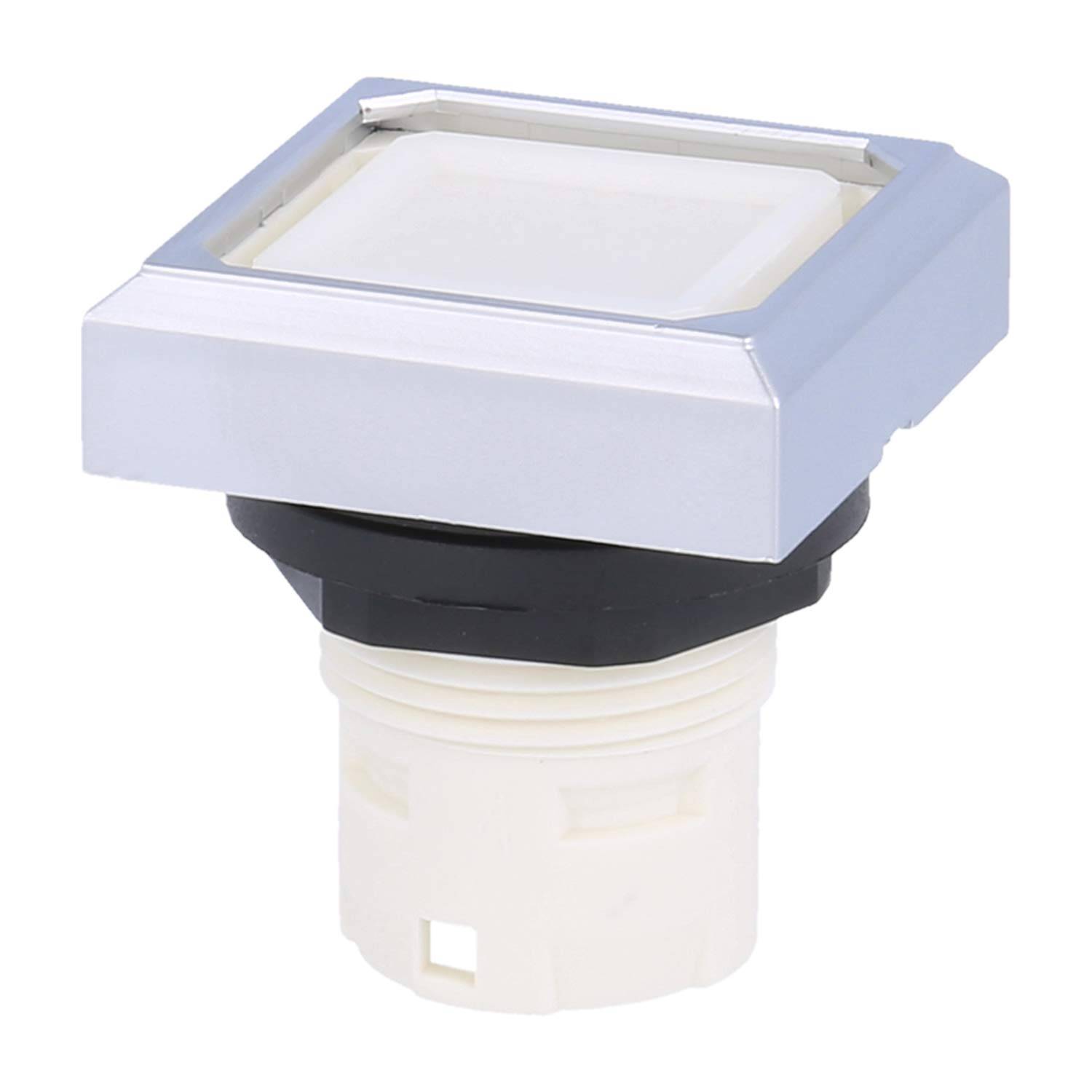 Quadratischer Drucktaster mit silbernem Rahmen, schwarzer Basis und weißem Knopf.