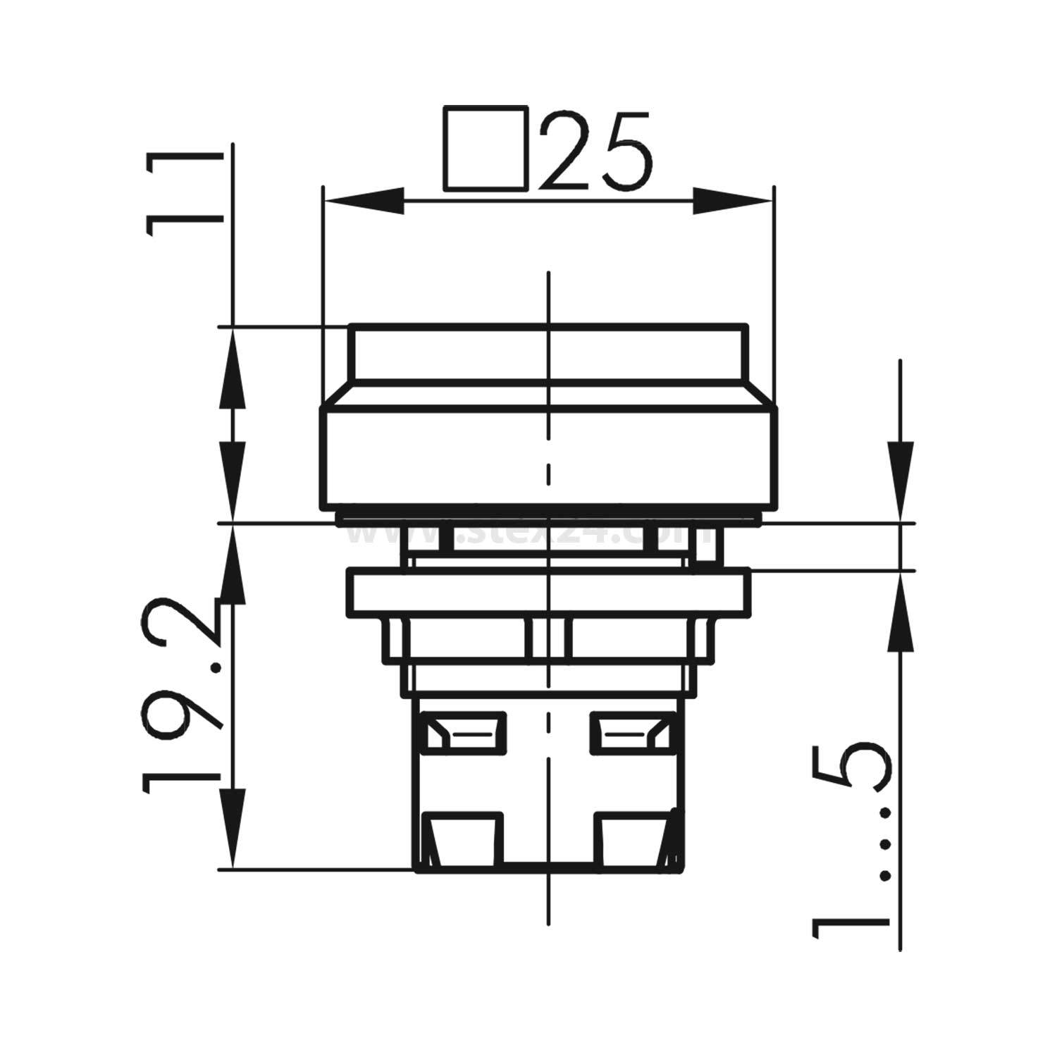 Taste Dimensionsdiagramm: zeigt eine quadratische Oberflächenmessung von 25 mm, eine Höhe von 11 mm, einen mittleren Abschnitt von 19,2 mm und einen unteren Abschnitt von 1,5 mm.