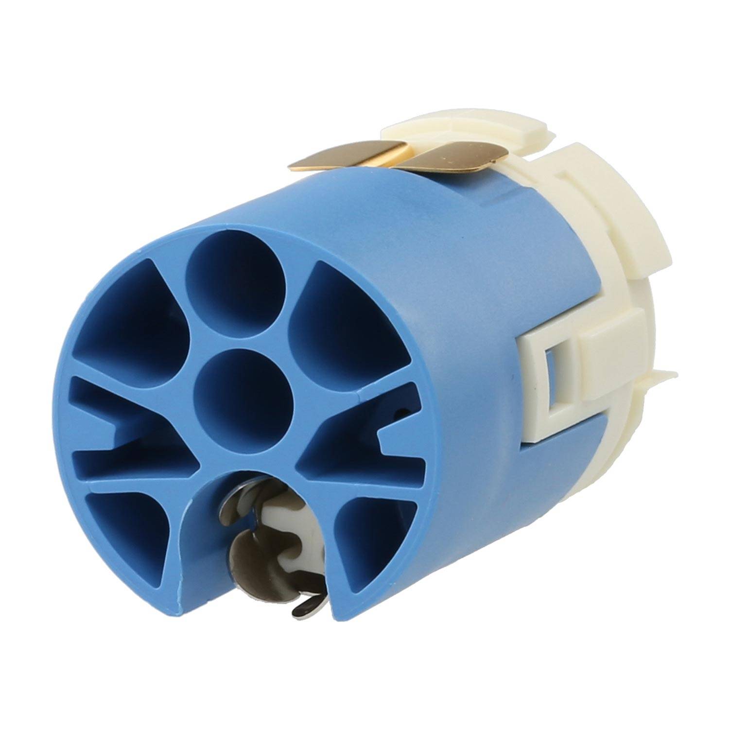 Ein blauer Kunststoff-Elektroverbinder mit runder Form und mehreren Schlitzen, ausgestattet mit einem weißen Verschlussmechanismus und Metallkomponenten.