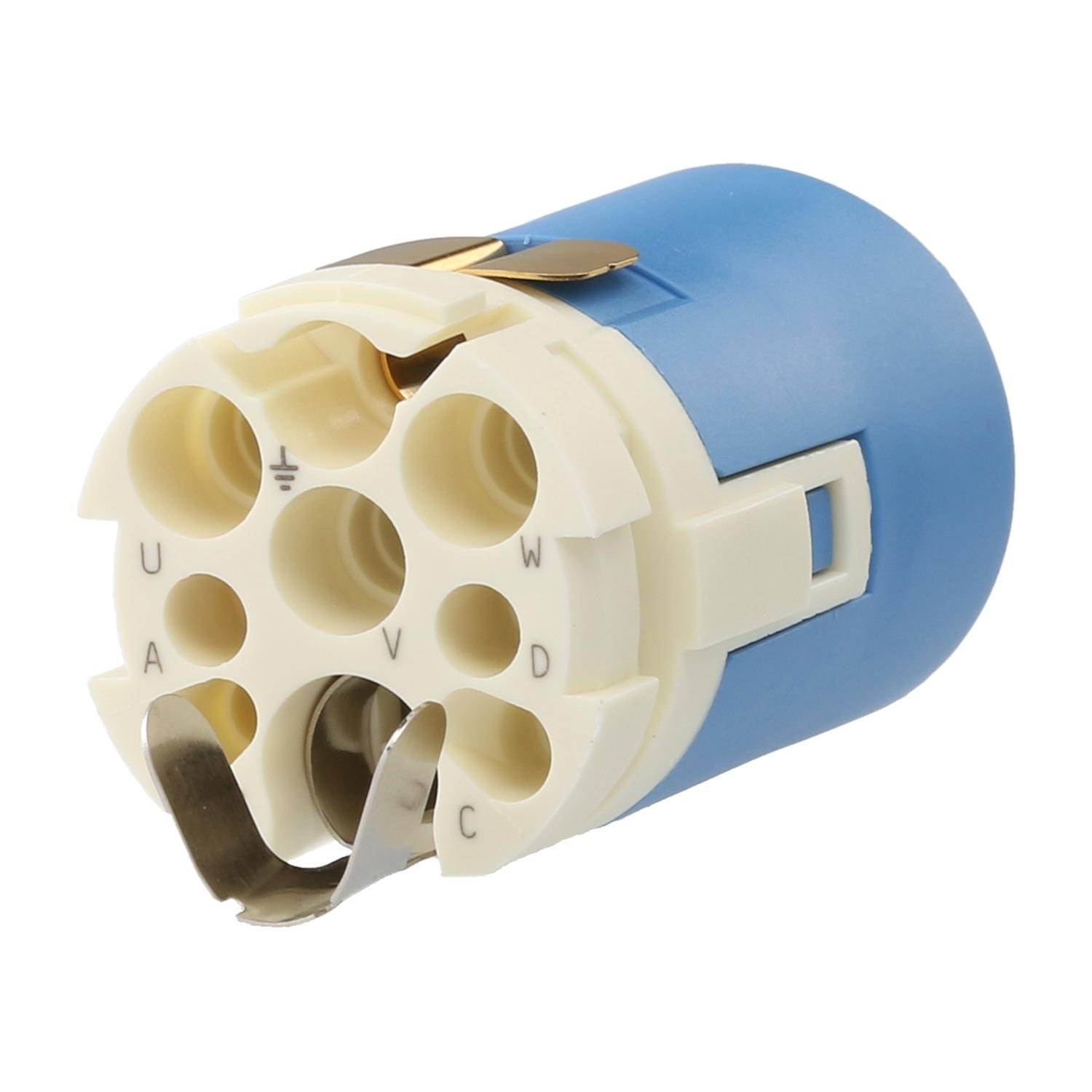 Ein zylindrischer blau-weißer elektrischer Anschluss mit mehreren Anschlüssen, die mit U, V, W und einem Erdungssymbol beschriftet sind, der für elektronische Geräte verwendet wird.