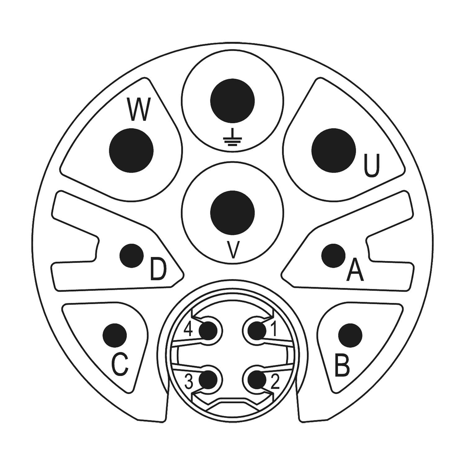 Diagramm eines kreisförmigen elektrischen Steckverbinders mit sechs beschrifteten Punkten: W, U, V, D, A, B und einem zentralen Massesymbol.