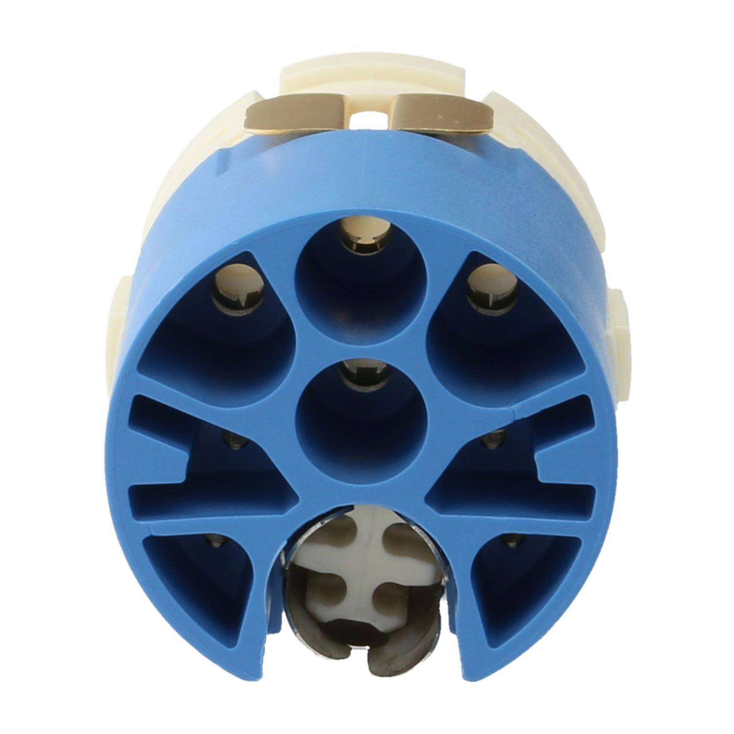 Eine Nahaufnahme einer blauen Mehrfach-Elektrobuchse oder -verbindung, die sieben kreisförmige Anschlüsse zum Einstecken passender Stecker zeigt.