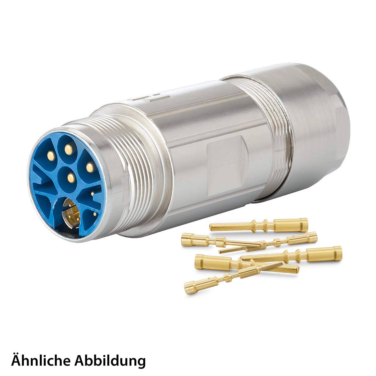 Ein Steckverbinder mit blauer Basis und mehreren goldenen Kontaktstiften daneben. Der Verbinder ist metallfarbig und zylindrisch geformt.