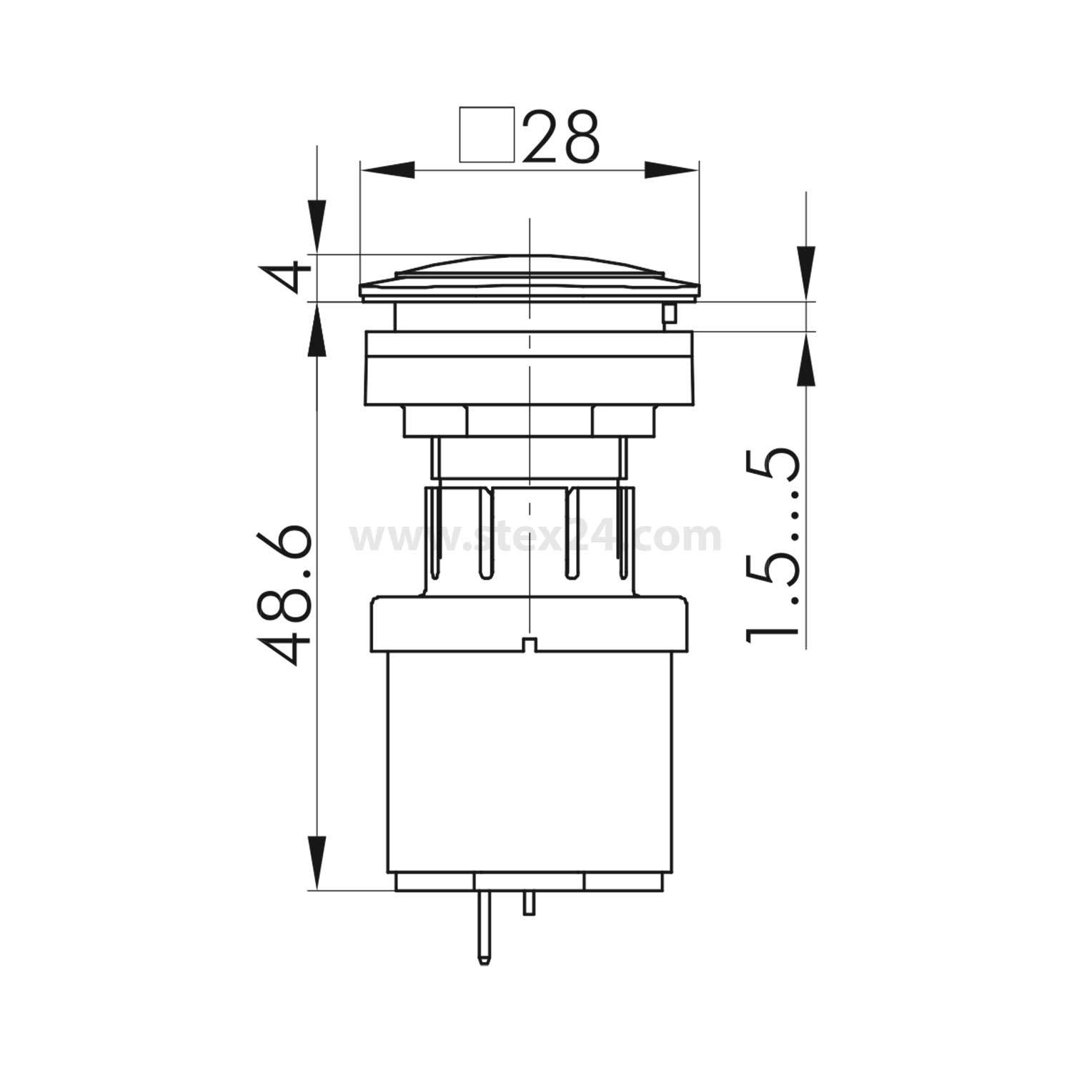 Technische Zeichnung einer elektrischen Komponente, mit Maßangaben: Höhe 48,6 mm, Breite 28 mm. Ansicht von oben Höhe 4 mm, Basishöhe 1,5 bis 5 mm.