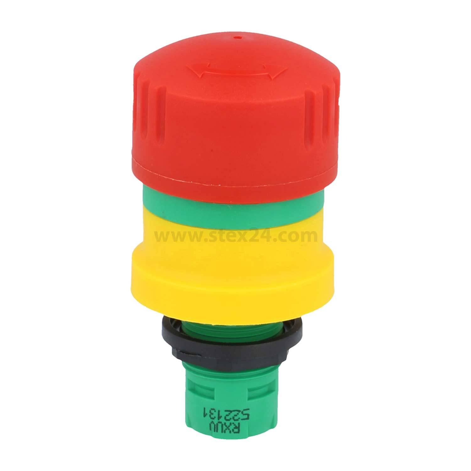 Ein roter Notaus-Druckknopf mit gelber Basis und grünem Anschluss, der zum Anhalten von Maschinen in industriellen Umgebungen verwendet wird.