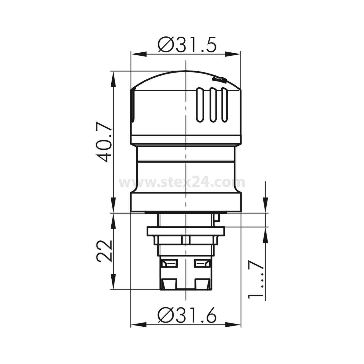 Technische Zeichnung eines zylindrischen Geräts mit Dimensionen: Durchmesser 31,5 mm, Höhe 40,7 mm. Enthält Detail-Messungen von Ober- und Unterseite.