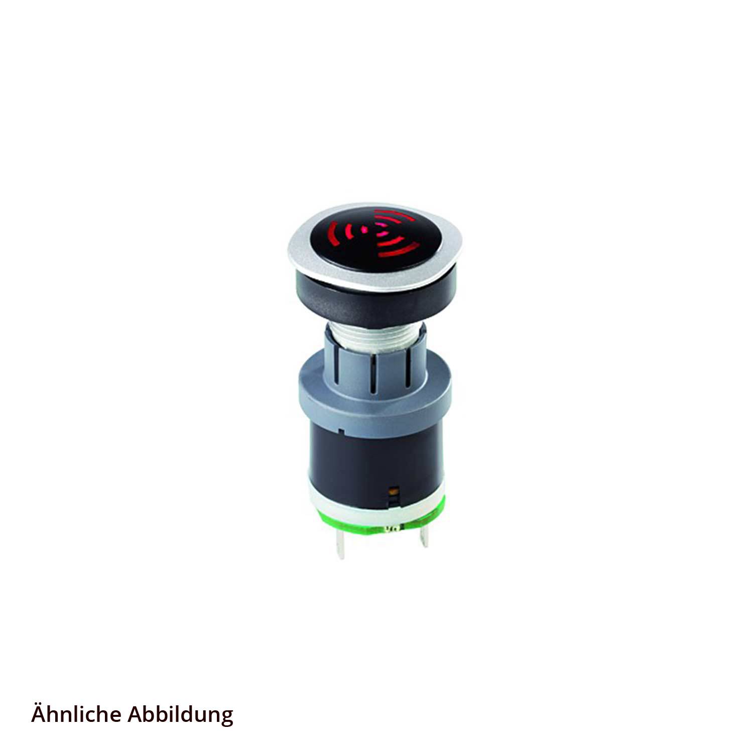 Schwarzer und silberner Drucktaster mit einem roten Spiralsymbol auf der Oberfläche, verwendet für elektronische Geräte.