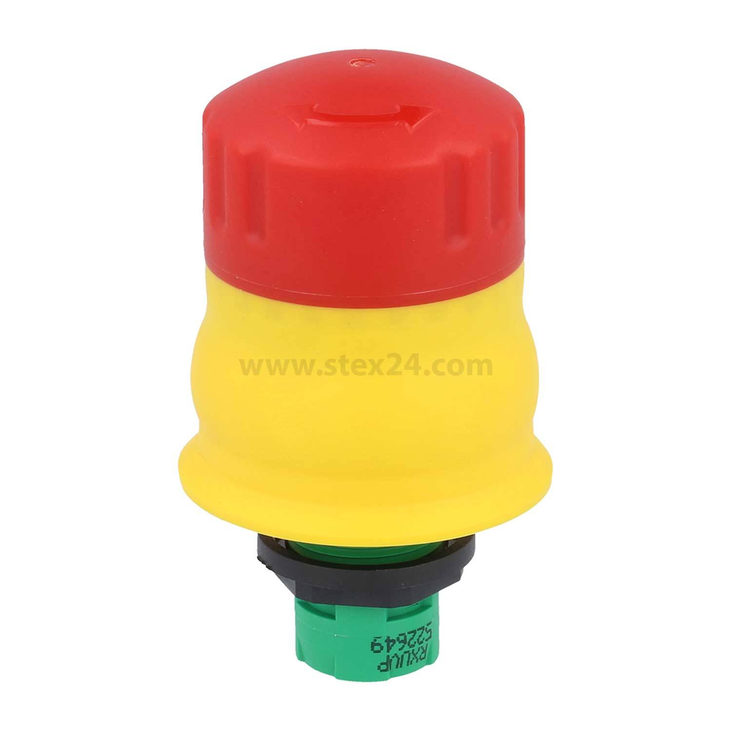 Notaus-Taste mit roter Abdeckung und gelbem Sockel, die zum schnellen Anhalten von Maschinen oder Ausrüstung für Sicherheitsmaßnahmen verwendet wird.