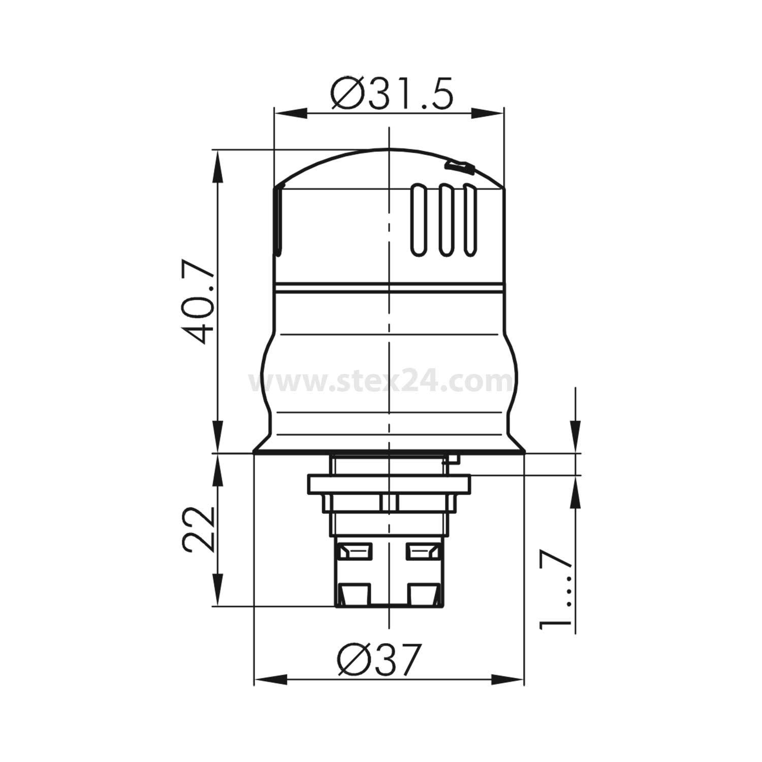 Eine technische Zeichnung eines Knopfes mit Abmessungen: Durchmesser oben 31,5 mm, Höhe 40,7 mm, Basisdurchmesser 37 mm, Anschlusshöhe 22 mm.