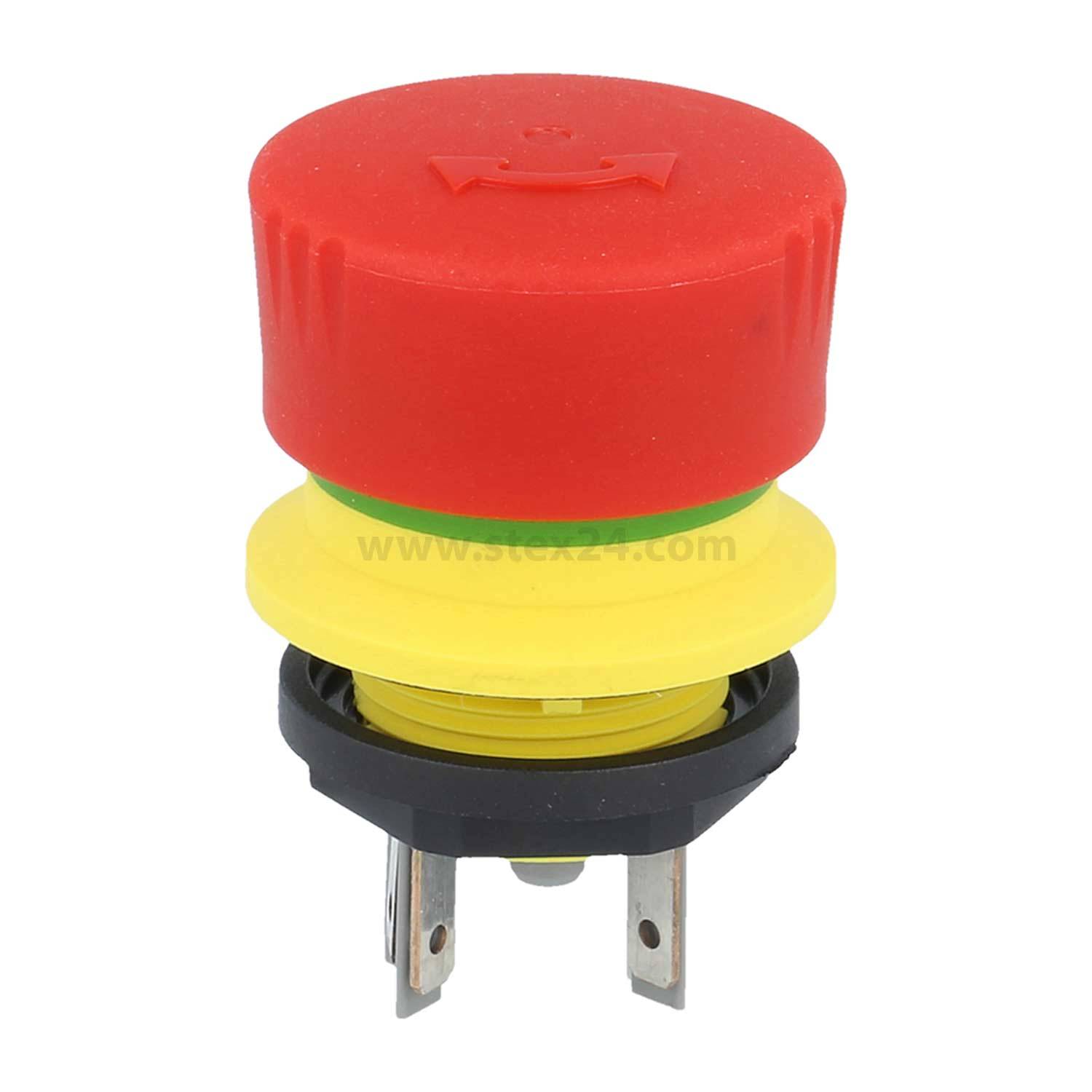 Roter Notaus-Druckknopf mit einer gelben Basis und metallischen Anschlüssen für industrielle oder maschinelle Anwendungen.