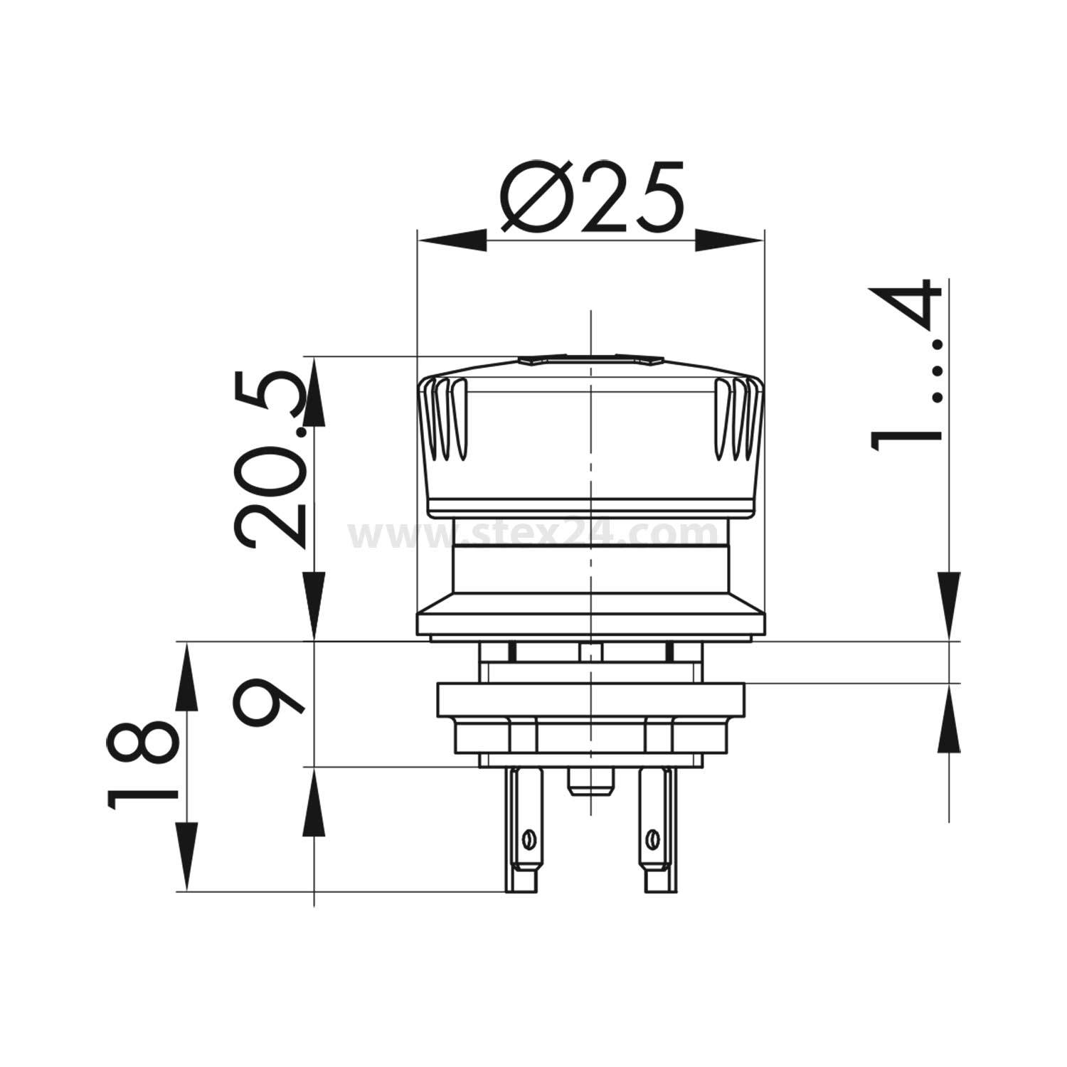 Technische Zeichnung eines Tastschalters mit Abmessungen. Durchmesser: 25 mm; Höhe: 20,5 mm; Abstand zwischen Basiskomponenten: 18 mm.