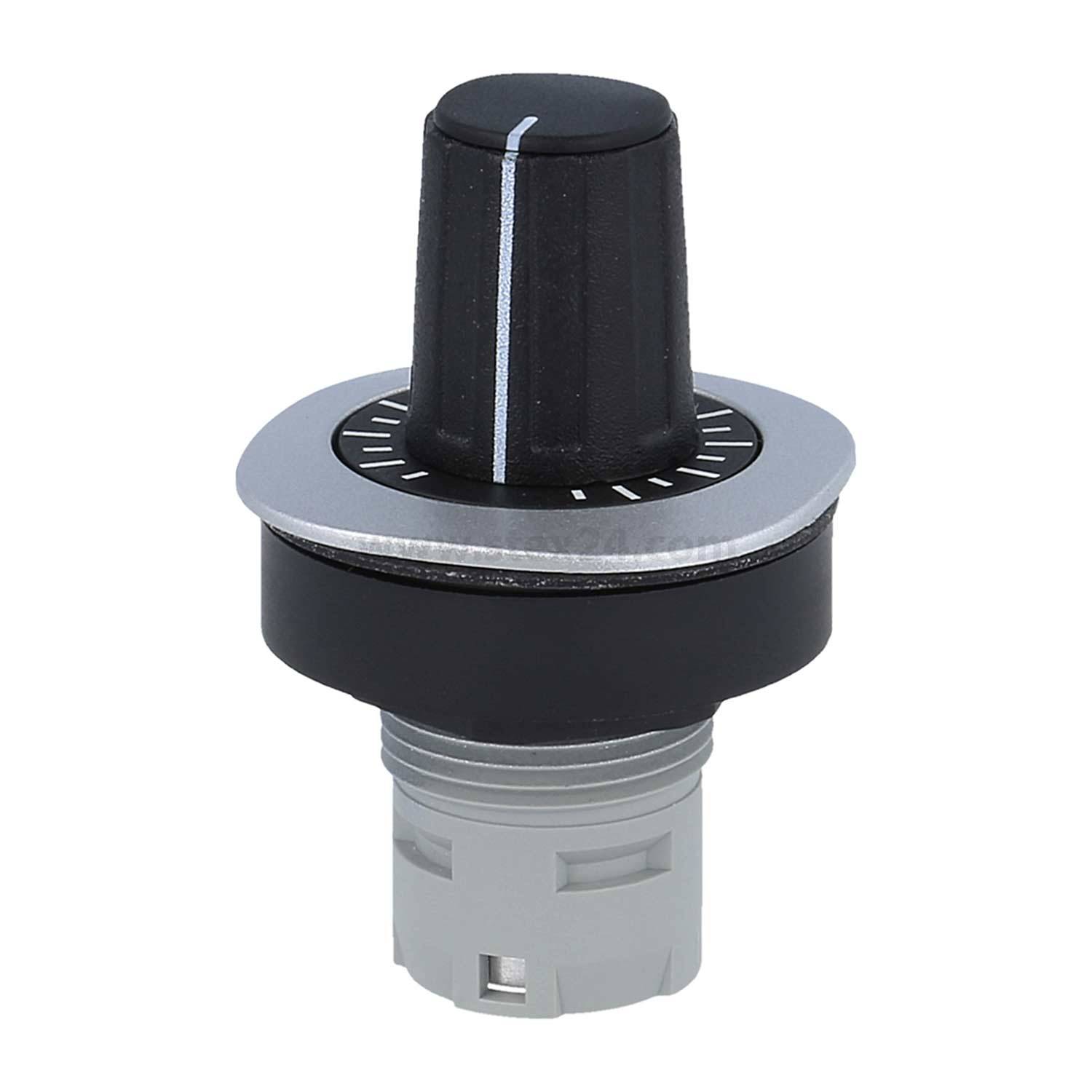 Ein schwarzer Drehregler mit weißen Markierungen, der auf einem grauen zylindrischen Sockel sitzt und zur Einstellung von Steuerungsparametern auf elektronischen Geräten verwendet wird.