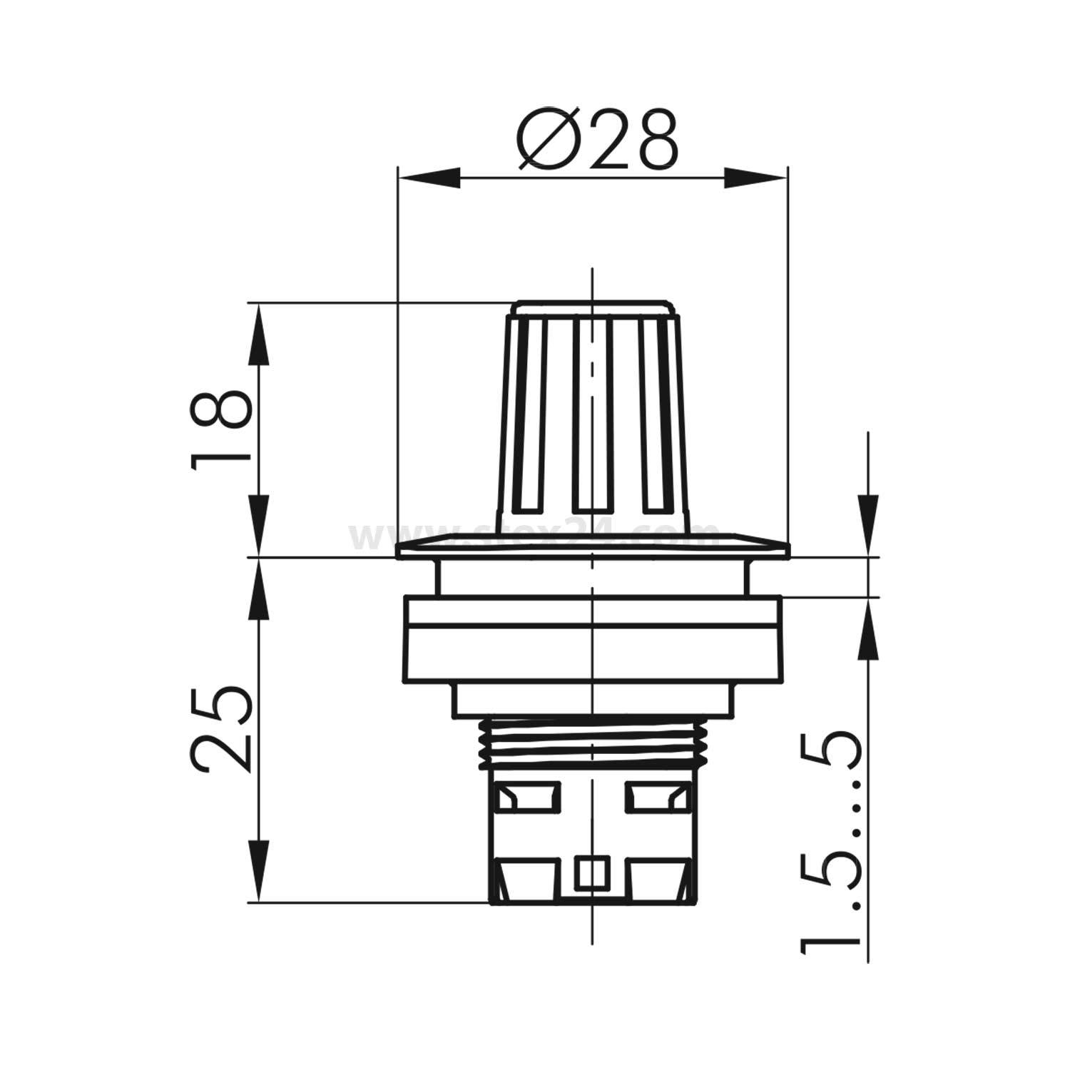 Technische Zeichnung einer zylindrischen Komponente mit Maßen: 28 mm Durchmesser am oberen Ende, 18 mm Höhe, 25 mm Gesamthöhe, Bereich von 1,5-5 mm.