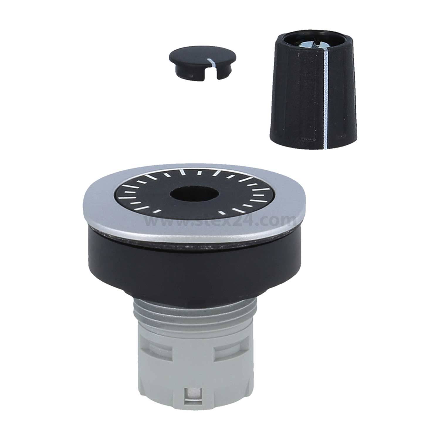 Eine Drehschalterkomponente mit einem Knopf, Deckel und Sockel, die zur Steuerung elektrischer Geräte verwendet wird. Beinhaltet eine kreisförmige Skala mit Markierungen.