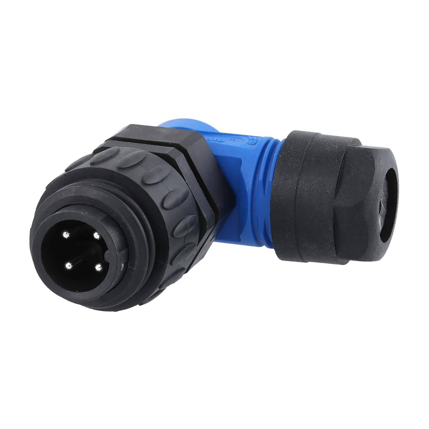 Bild eines blauen und schwarzen Winkelbauteils mit einem Mehrpin-Stecker an einem Ende und einer Schraubkappe am anderen Ende, verwendet für elektrische Verbindungen.