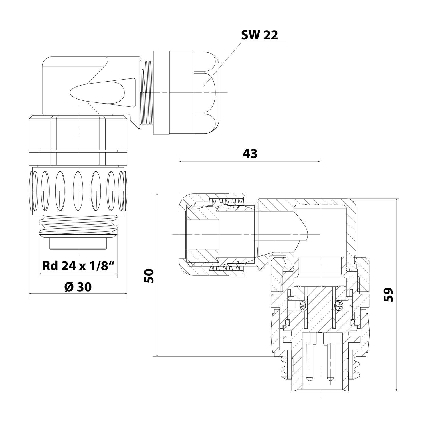 C01620K00310010 Amphenol RD24-KSW Kabelsteckverbinder gewinkelt Stift Schraubanschluss, Polzahl 3+PE Kabelabgang