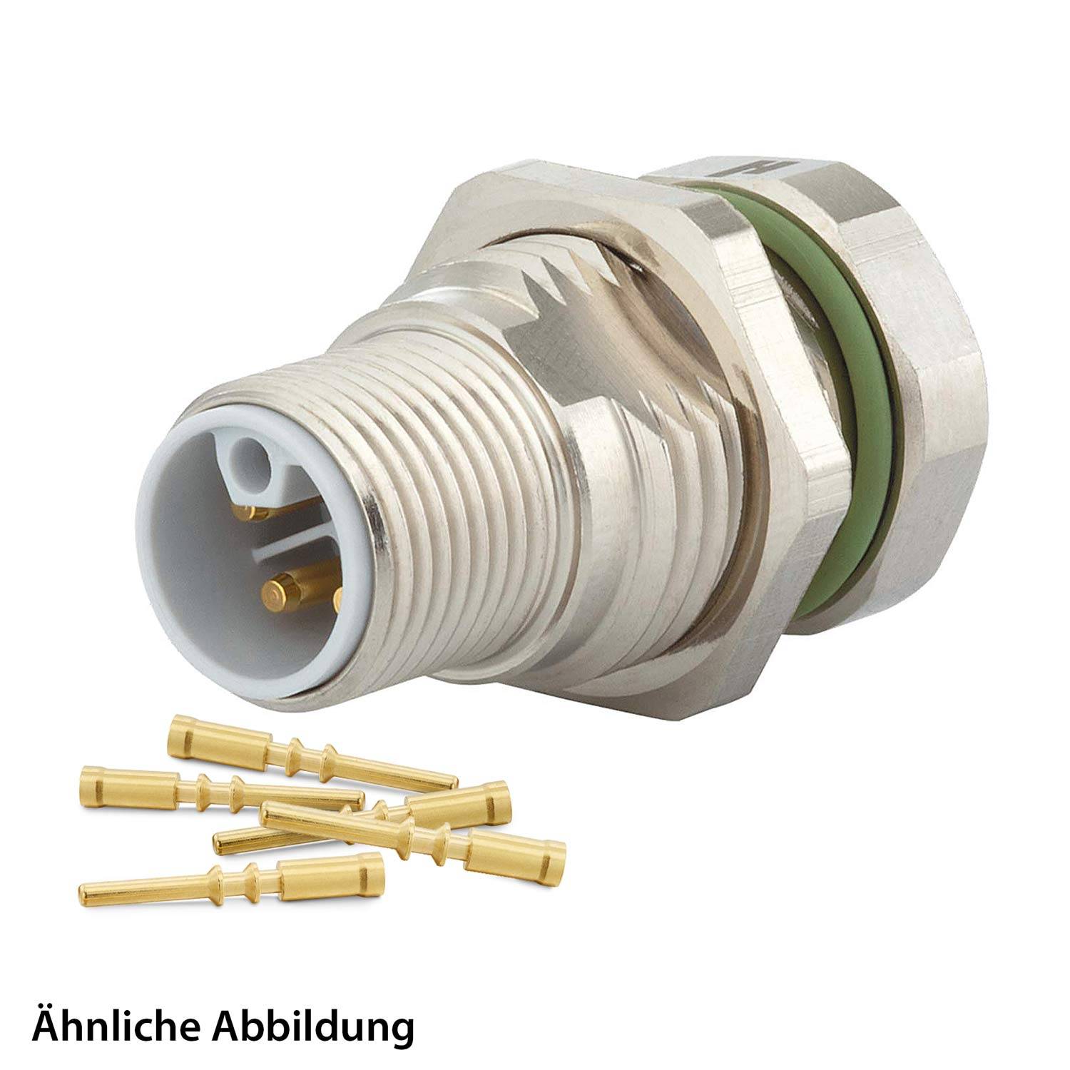 Ein metallischer elektrischer Steckverbinder mit einer zylindrischen Gestaltung und mehreren Goldstiften, begleitet von zusätzlichen losen Goldstiften.