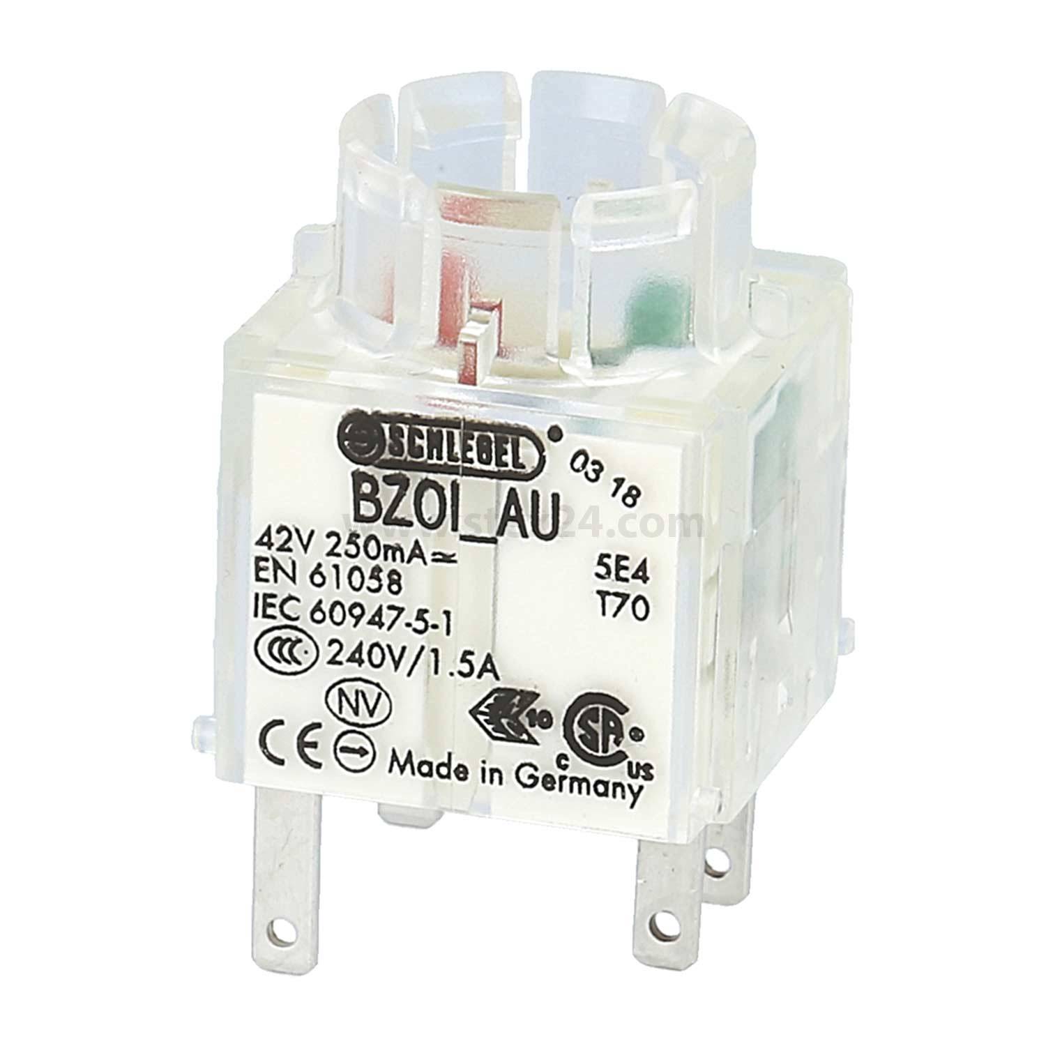 Elektrisches Relais mit transparentem Gehäuse, beschriftet mit 'Made in Germany'. Zeigt Spannungsspezifikationen: 42V 250mA, 240V/1,5A und Konformitätszeichen.