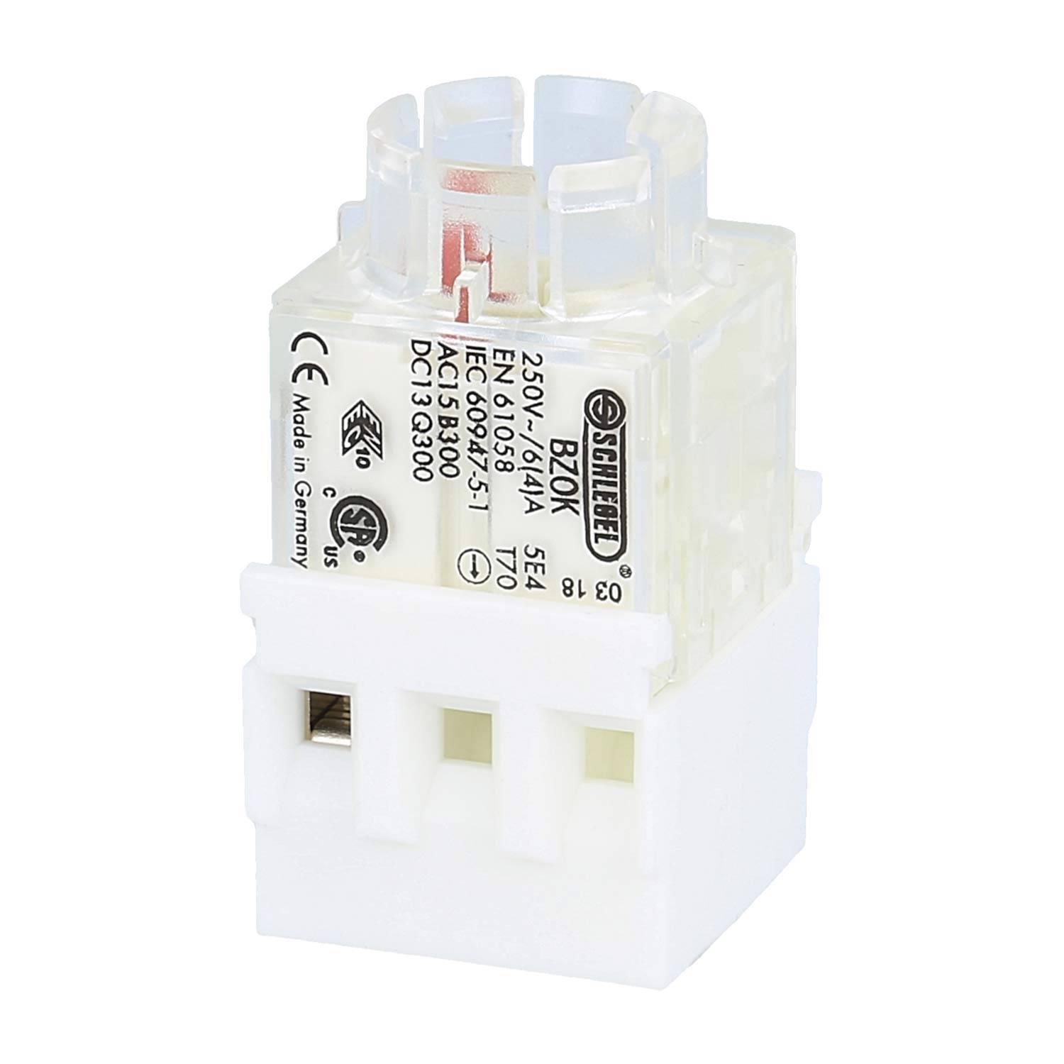 Ein klares weißes elektrisches Relais mit der Bezeichnung 'D2QK', auf dem verschiedene technische Spezifikationen gedruckt sind, einschließlich '250V' und 'Madel in Germany'.