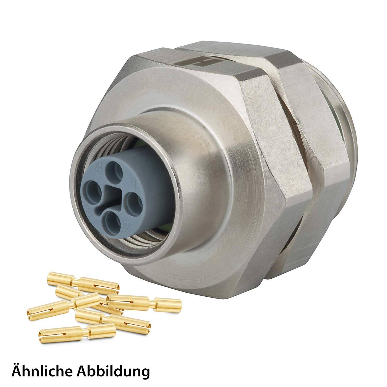 Ein zylindrischer Metallverbinder mit mehreren Pins, der für sichere elektronische Verbindungen konzipiert ist, gezeigt mit mehreren vergoldeten Pins daneben.