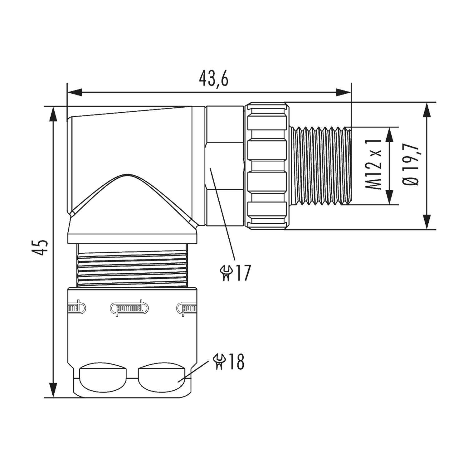 Technische Zeichnung eines Verbindungselements mit Dimensionen: Länge 43,6 mm, Höhe 45 mm, Breite 19,7 mm. Gewinde beschriftet mit M12x1, eine 18 mm Justierung und ein 17 mm großer Anzugsraum.