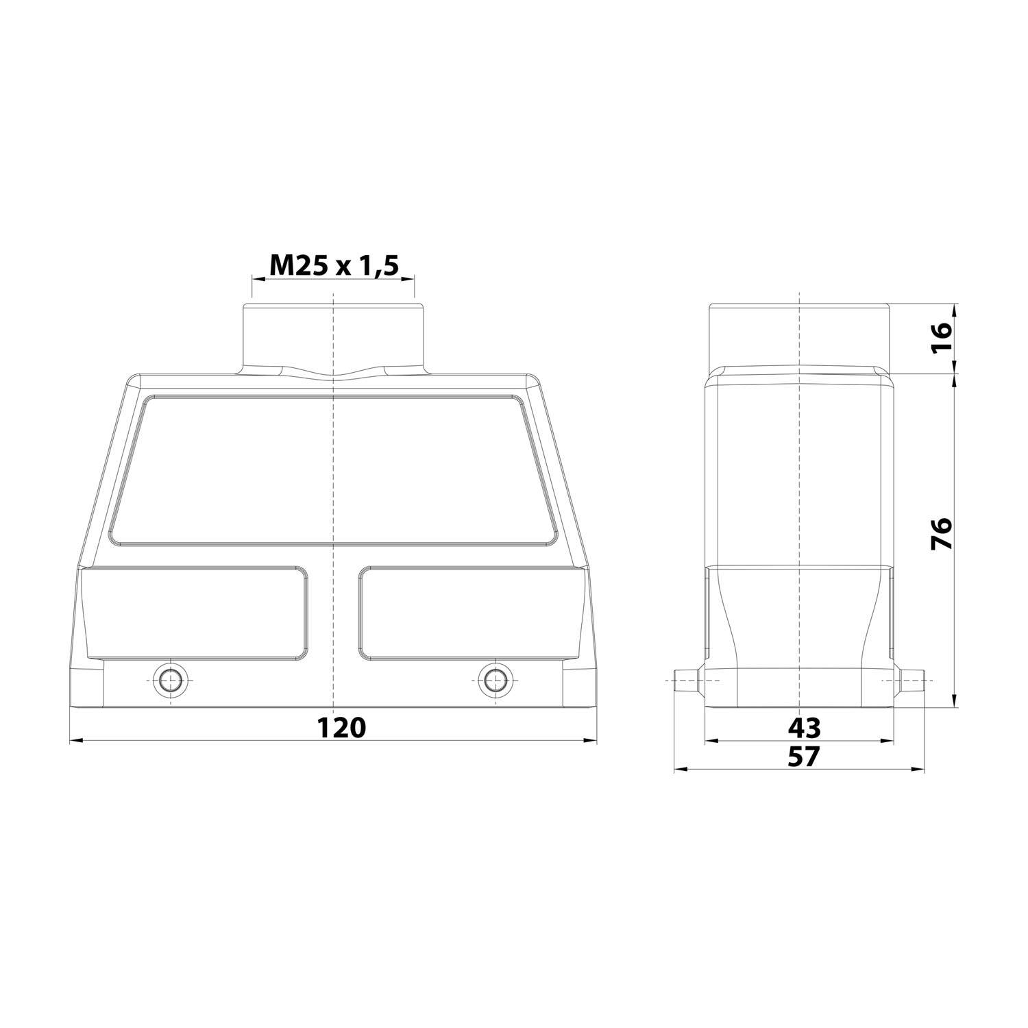Technische Zeichnung eines elektronischen Geräts: Vorder- und Seitenansicht mit Maßen. Vorderansicht: 120 mm Breite, 76 mm Höhe. Seitenansicht: 57 mm Breite, 16 mm Höhe. M25 x 1,5 Kennzeichnung auf der Oberseite.