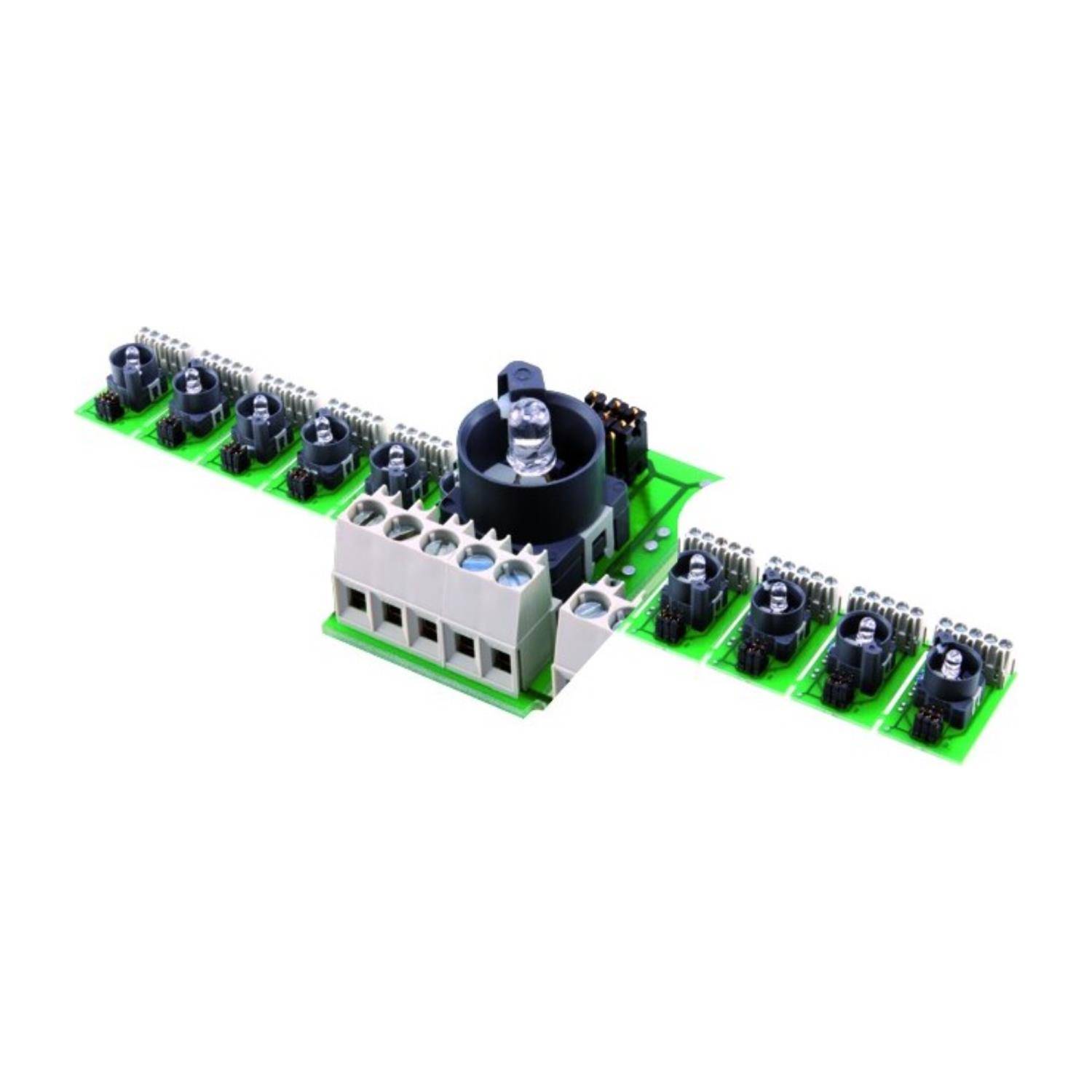 Eine grüne Leiterplatte mit mehreren schwarzen Kondensatoren, Anschlüssen und elektronischen Bauteilen, horizontal angeordnet für elektrische Anwendungen.