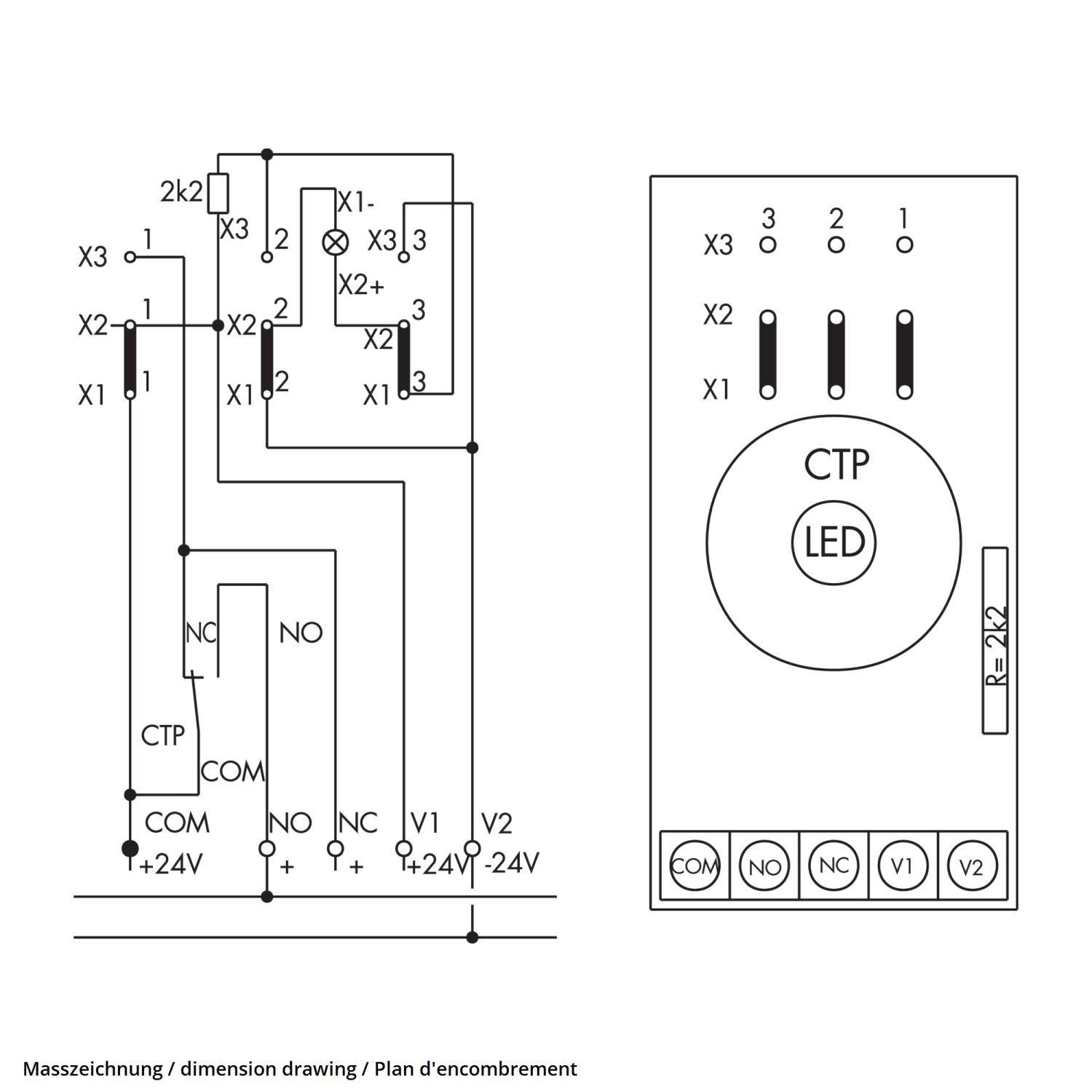 Technische Zeichnung einer elektrischen Komponente mit Verdrahtungsanschlüssen und Anschlussbeschriftung. Enthält Anschlüsse X1, X2, X3, CTP, LED.