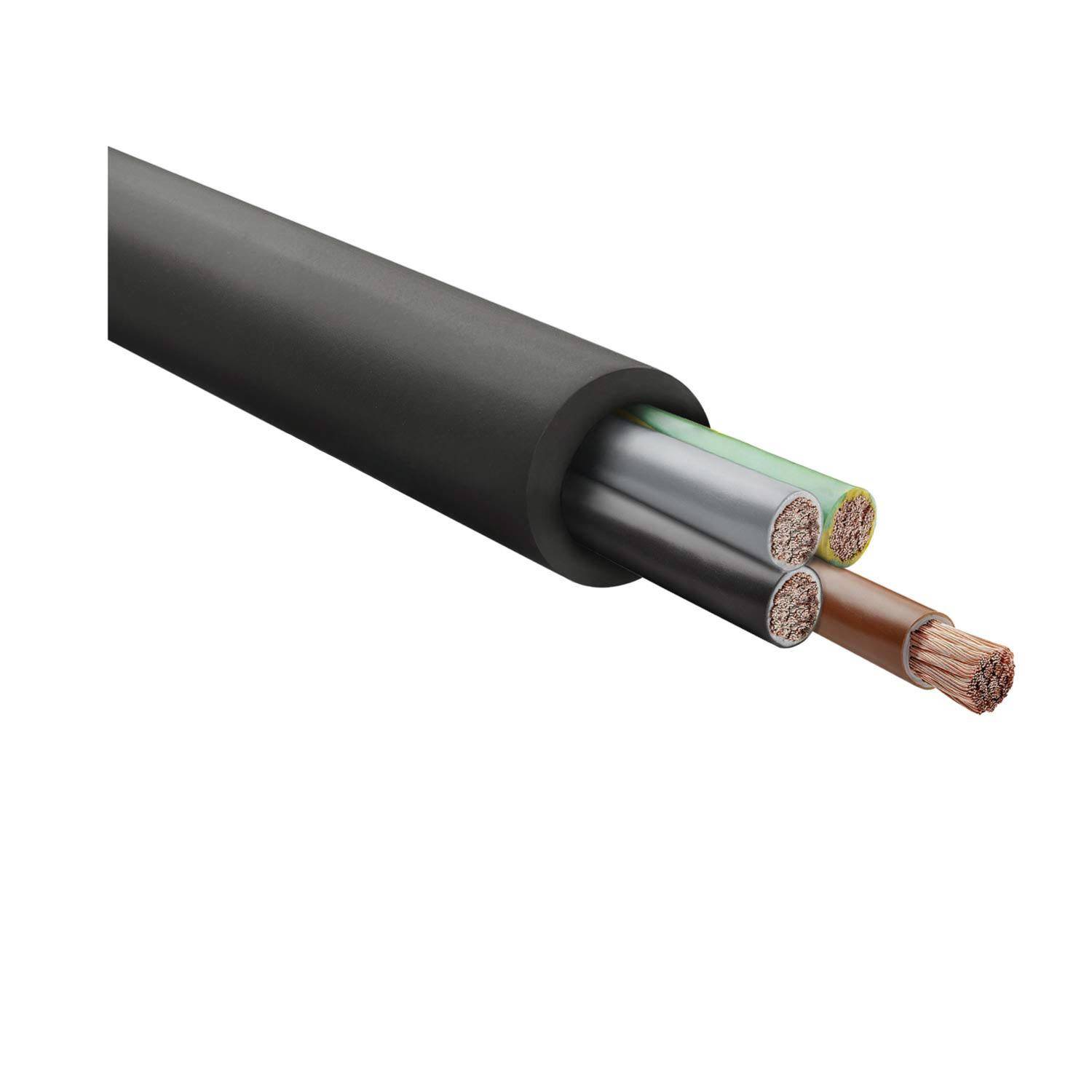 Querschnitt eines Kabels mit mehreren isolierten Drähten in unterschiedlichen farbigen Ummantelungen, die in einer schwarzen äußeren Schutzhülle eingeschlossen sind.