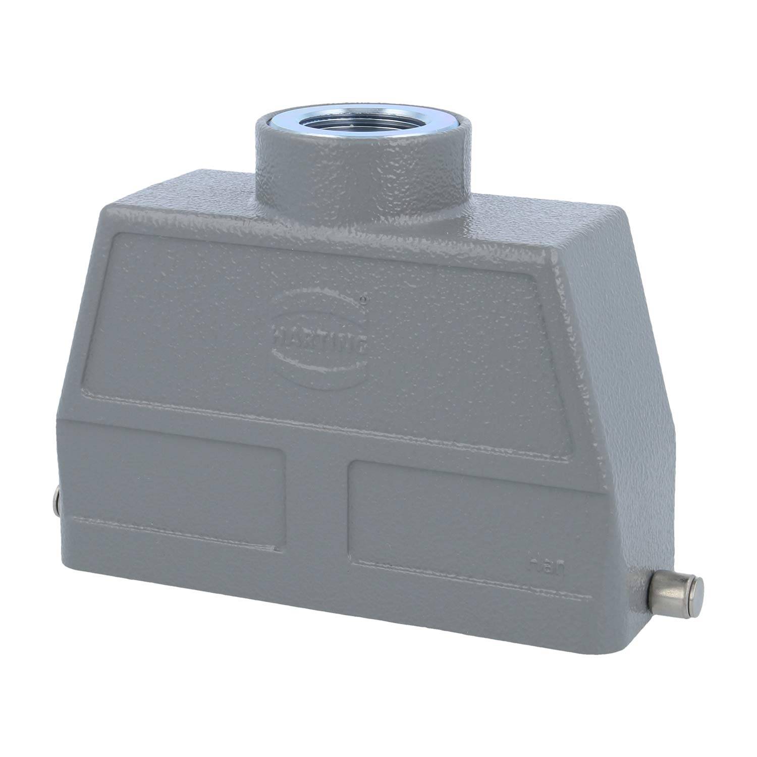 Ein rechteckiges, graues industrielles Anschlussgehäuse mit einer durchgewindeten Öffnung an der Oberseite und Befestigungsschrauben an den Seiten.