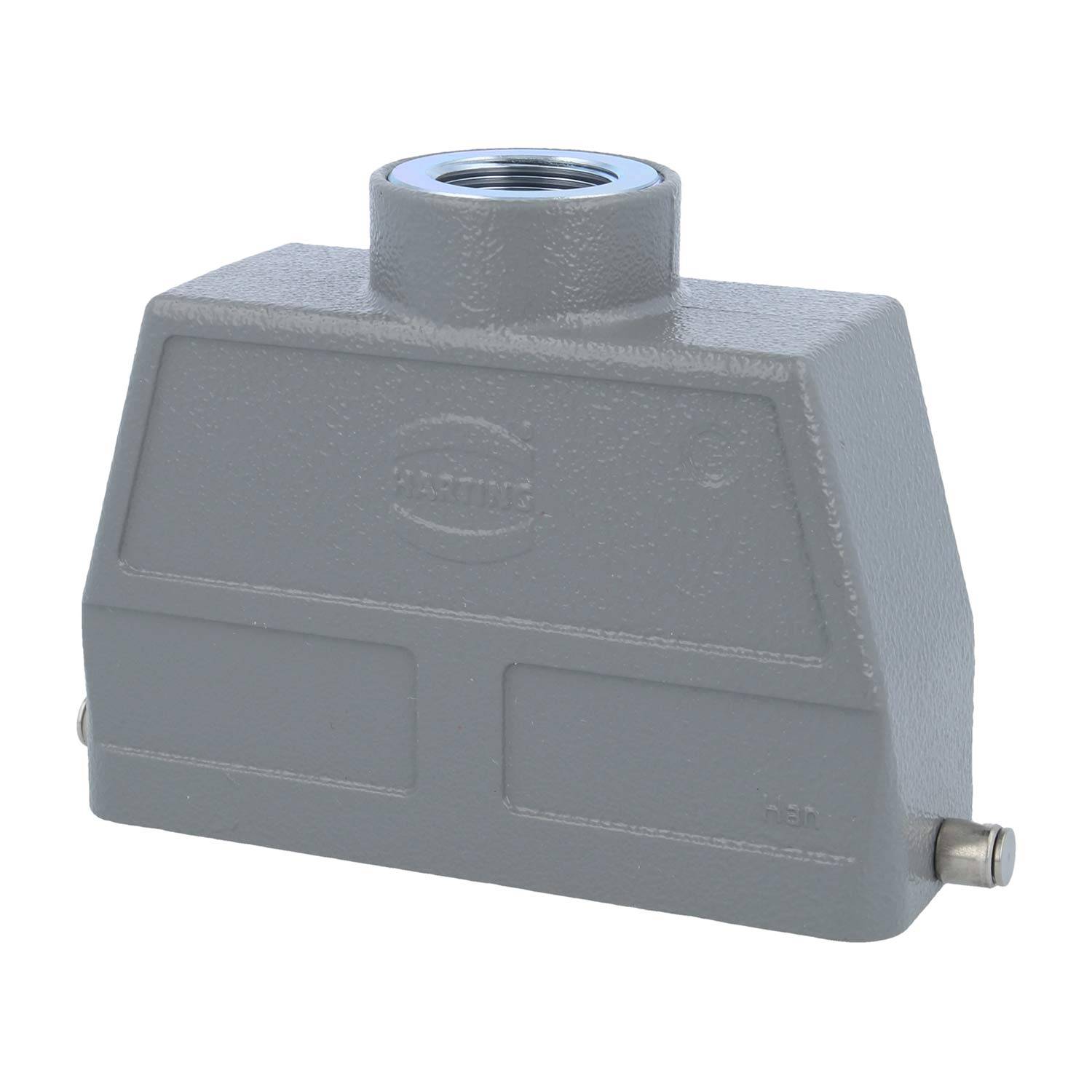 Rechteckiges graues Metallverbindergehäuse mit einem oberen Gewindeloch zum Anbringen, konzipiert für elektrische Verbindungsanwendungen.