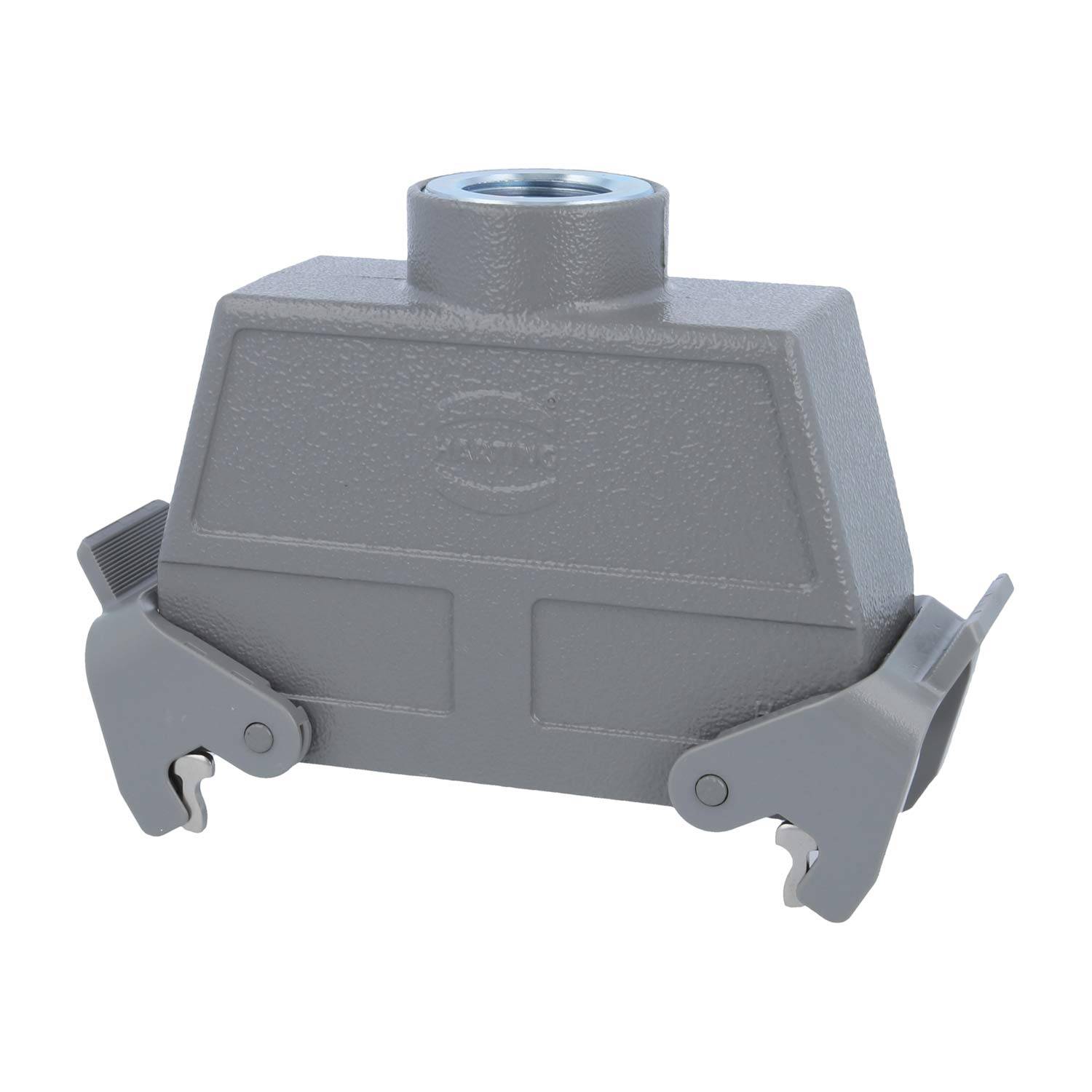 Ein grau-silbernes, robustes industrielles Gehäuse für Anschlüsse mit zwei seitlichen Verriegelungen, entwickelt für sichere elektrische Verbindungen in Maschinenanlagen.