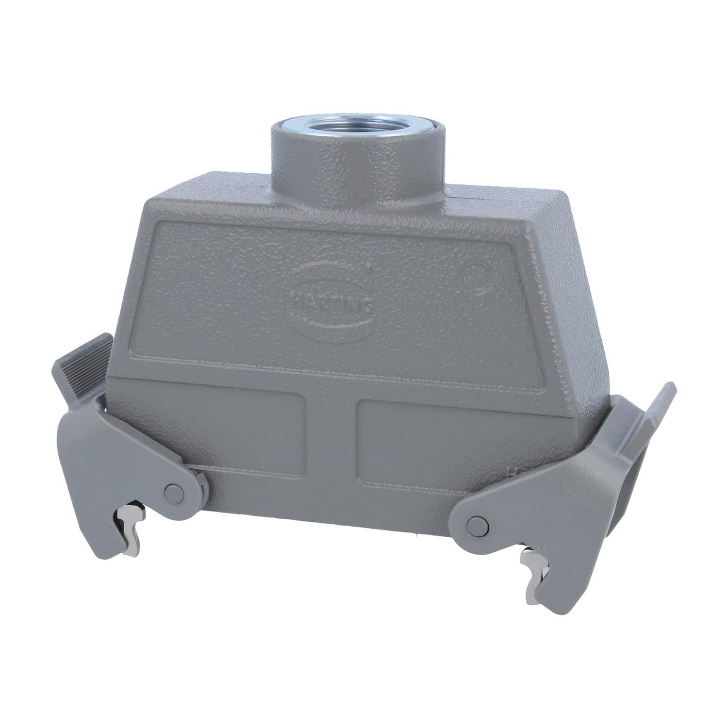 Ein rechteckiges metallisches industrielles Anschlussgehäuse mit Oberflächeneingang, ausgestattet mit seitlichen Verriegelungshebeln für eine sichere Befestigung.