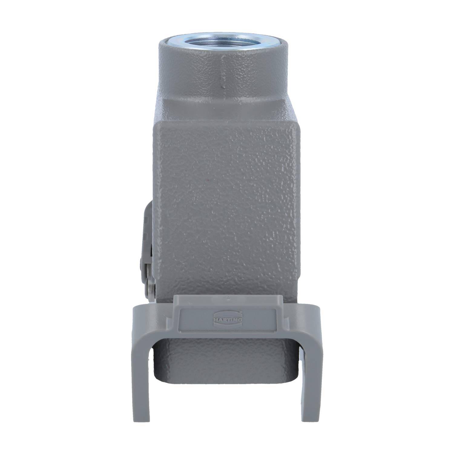 Ein graues industrielles Elektroverbindersteckgehäuse mit einer Öffnung oben und einem Verriegelungsverschluss unten für eine sichere Befestigung.