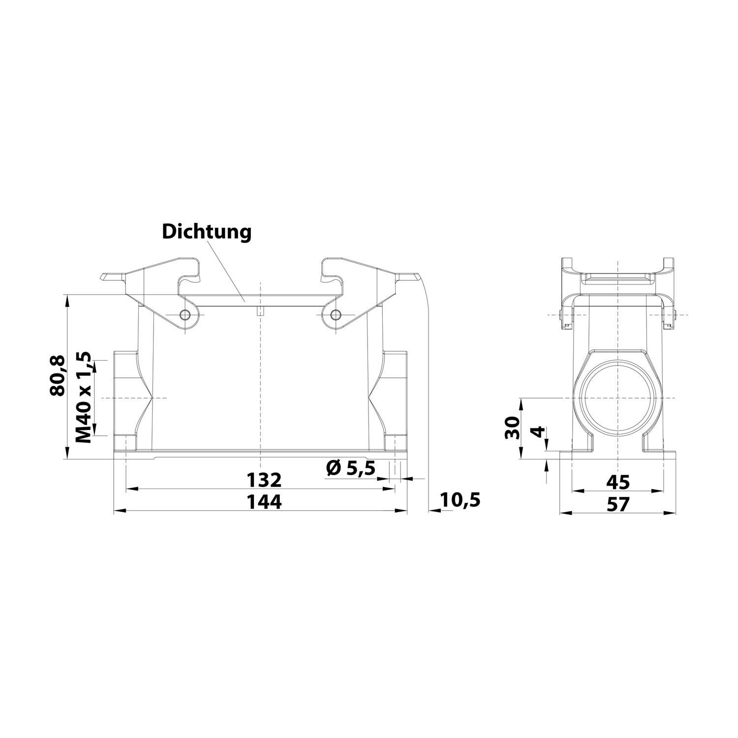 Technische Zeichnung einer zylindrischen Komponente mit Abmessungen: Länge 132 mm, Durchmesser 55 mm, mit zusätzlichen Seiten- und Draufsichten, die weitere Maße detaillieren.