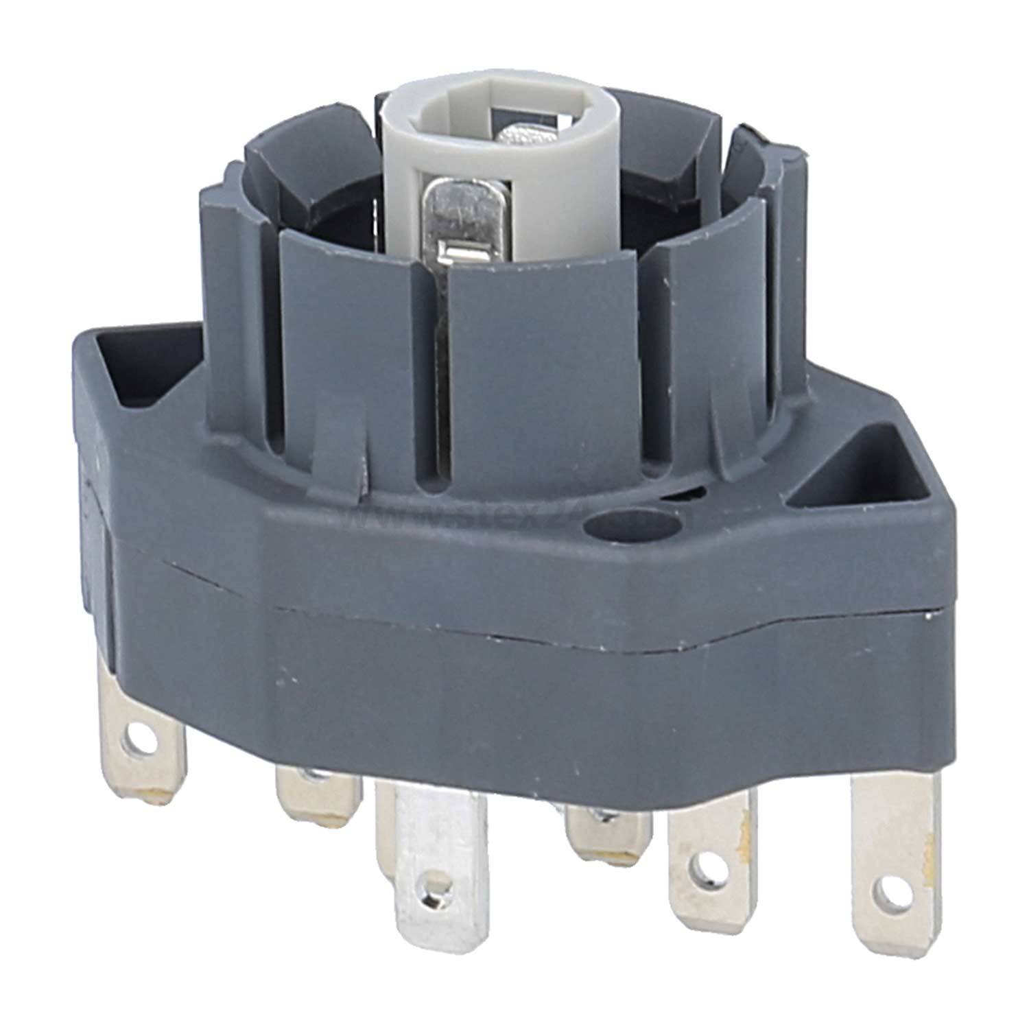 Ein mehrpoliger Drehschalter mit einem dunkelgrauen Gehäuse und einem zentralen Rotationsmechanismus.