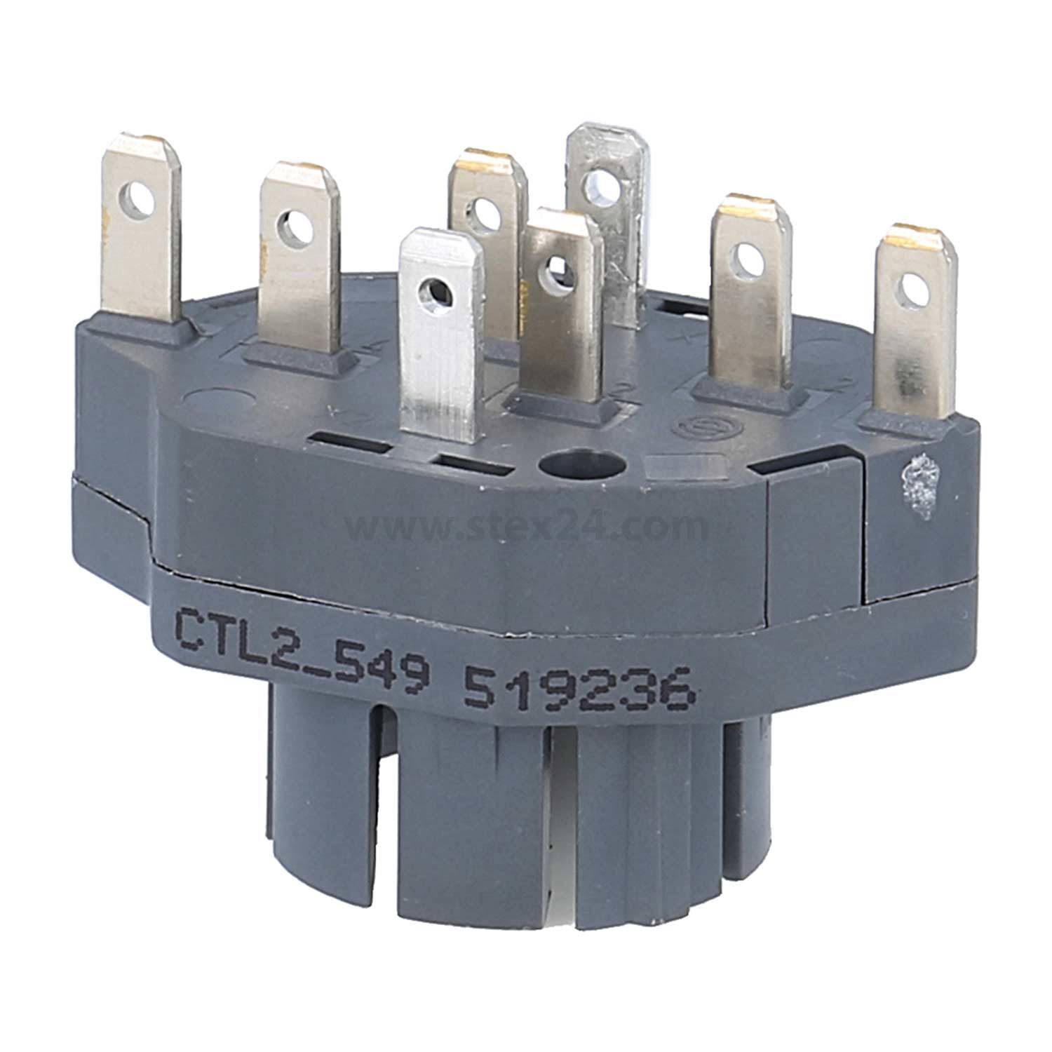 Ein 12-poliger grauer elektrischer Stecker mit zylindrischer Basis und flachen, silbernen Kontakten, gekennzeichnet mit CTL2_549 519236.