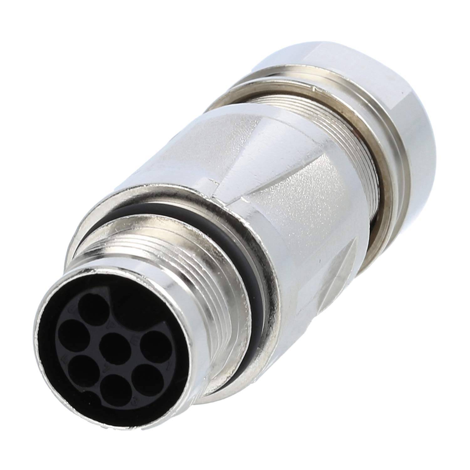 Ein Metallsteckverbinder in Kreisform mit mehreren Kontaktstiften, der für elektrische oder Datenkonnektivität in industriellen oder elektronischen Geräten verwendet wird.